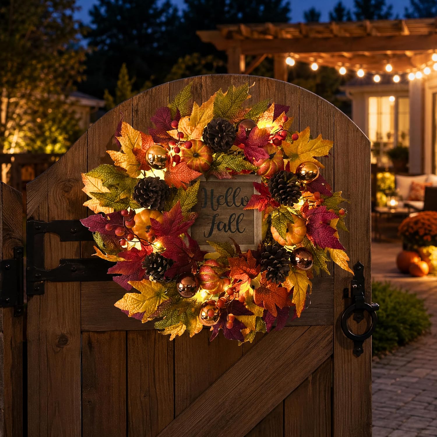 Lighted Fall Wreath with Pumpkins & Pinecones, additional listing view 5