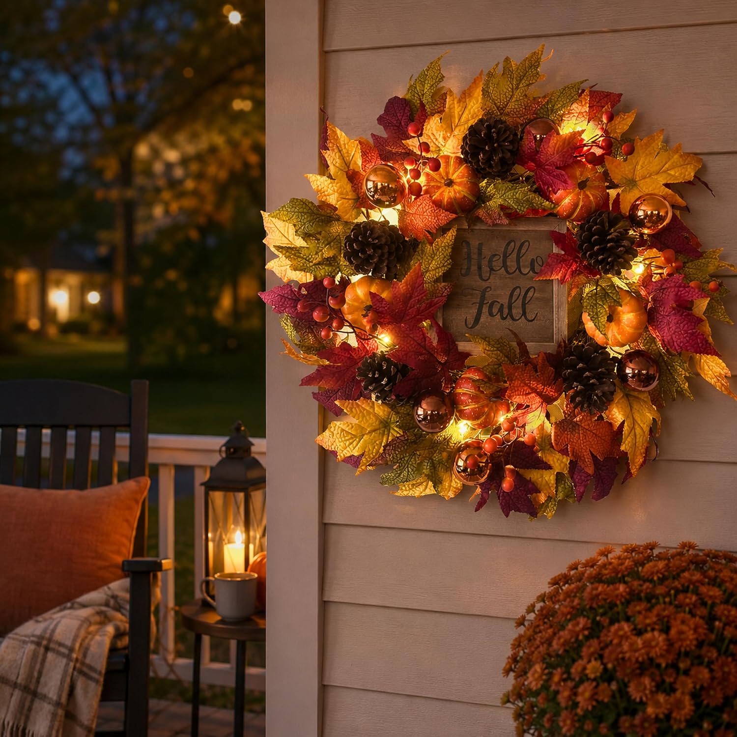 Lighted Fall Wreath with Pumpkins & Pinecones, additional listing view 6