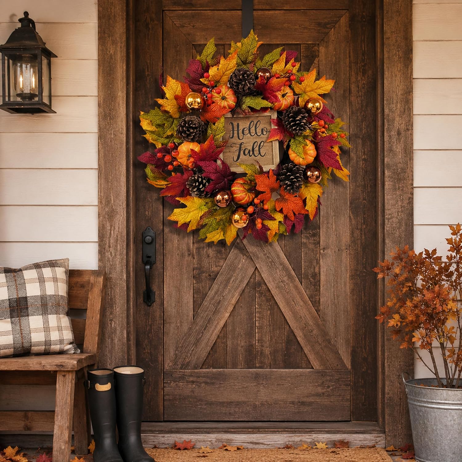 Lighted Fall Wreath with Pumpkins & Pinecones, additional listing view 7