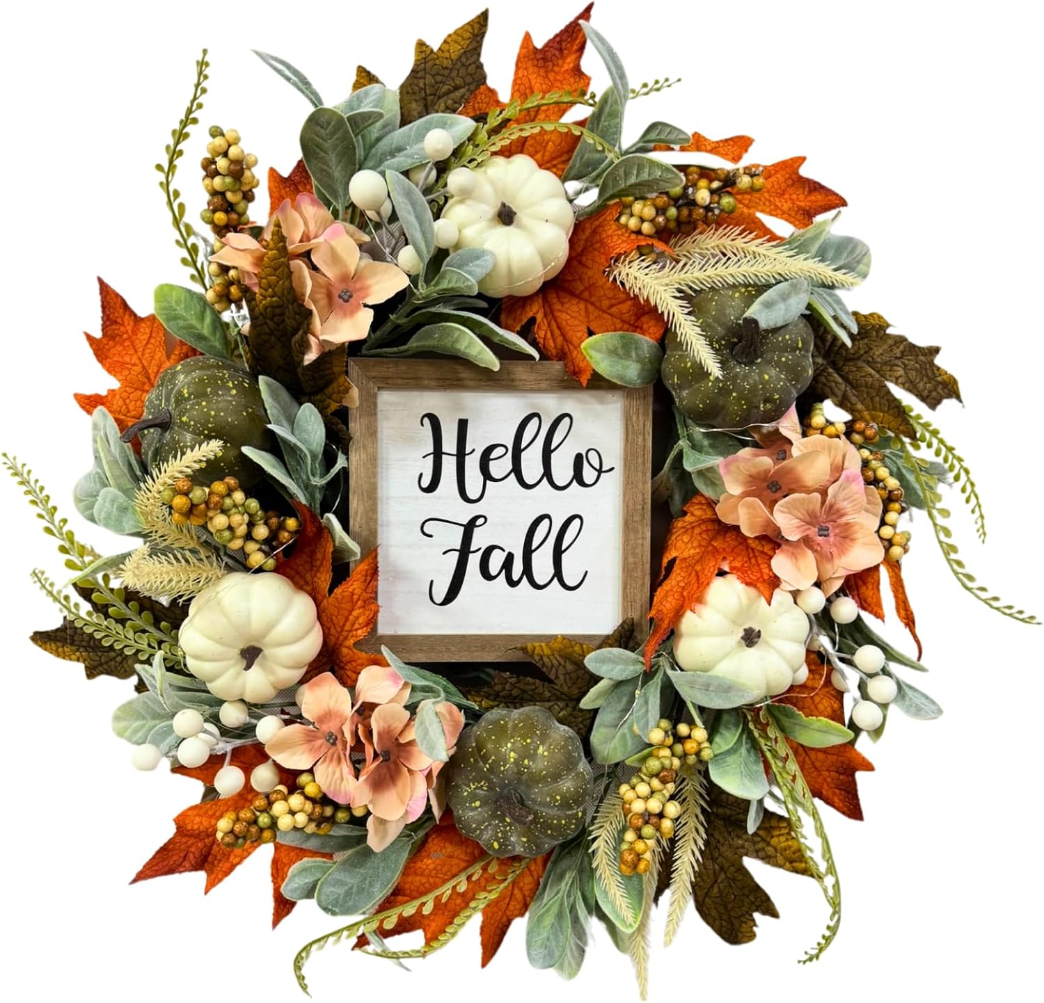 Lighted Fall Wreath with White Pumpkins, main product view
