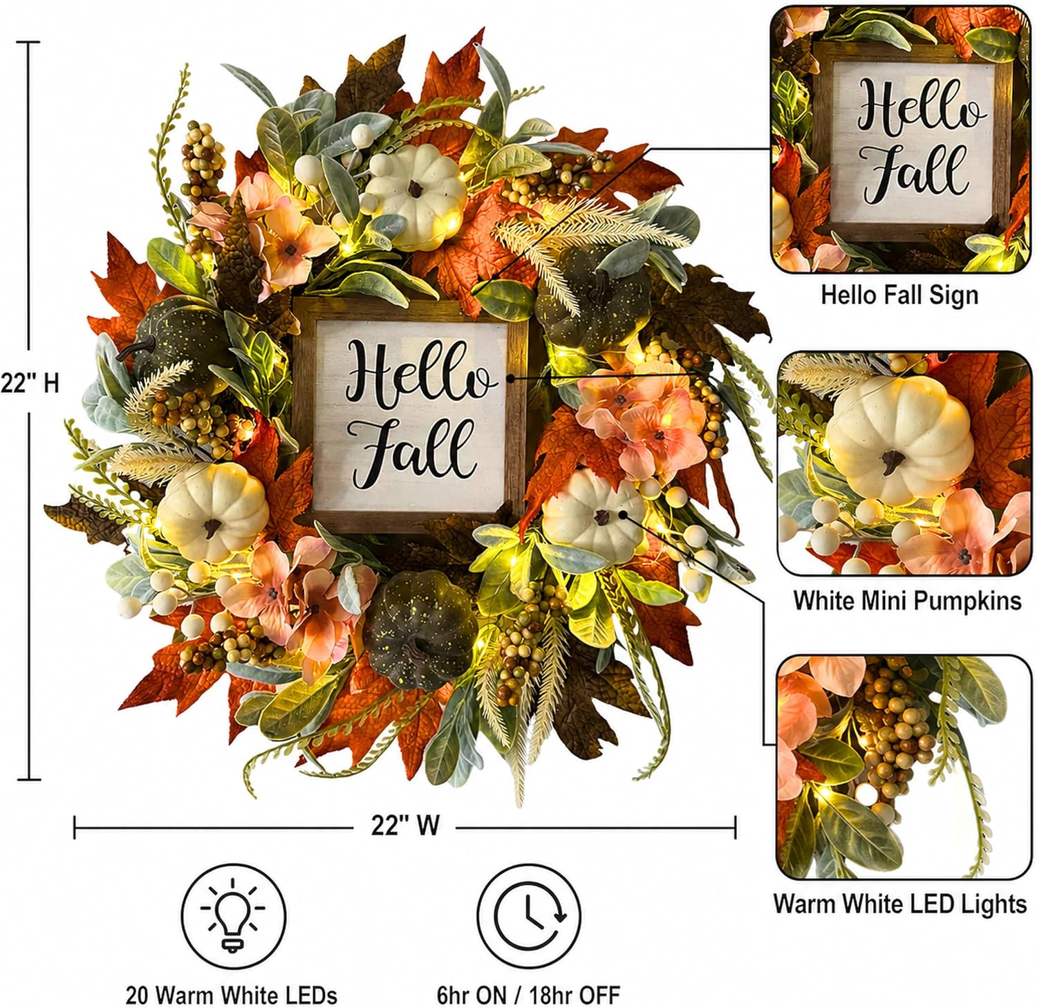 Lighted Fall Wreath with White Pumpkins, additional listing view 3