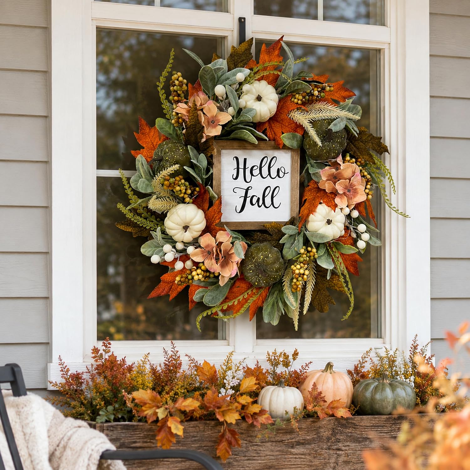 Lighted Fall Wreath with White Pumpkins, additional listing view 4