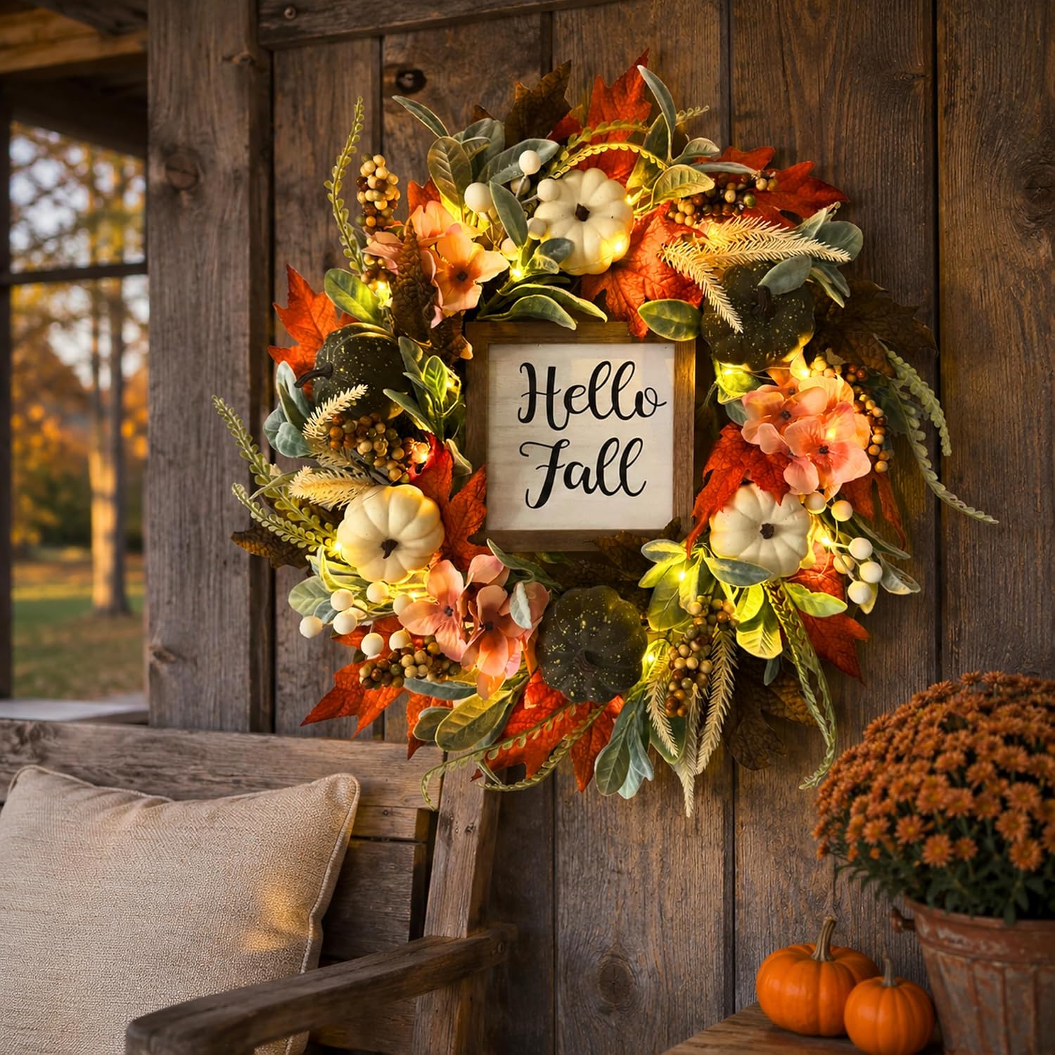 Lighted Fall Wreath with White Pumpkins, additional listing view 7