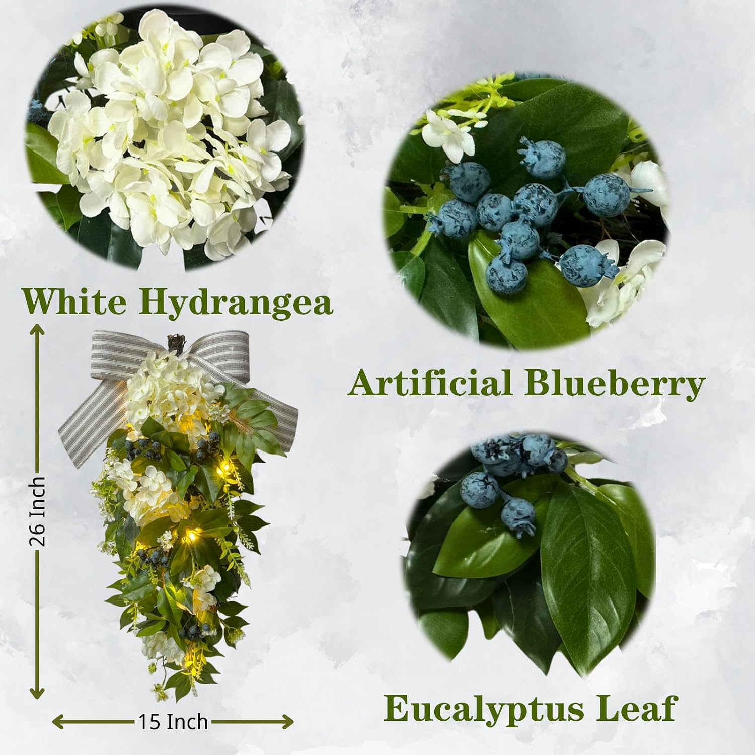 Lighted Floral Teardrop Swag with Timer, Hydrangea and Blue Berries, additional listing view 3