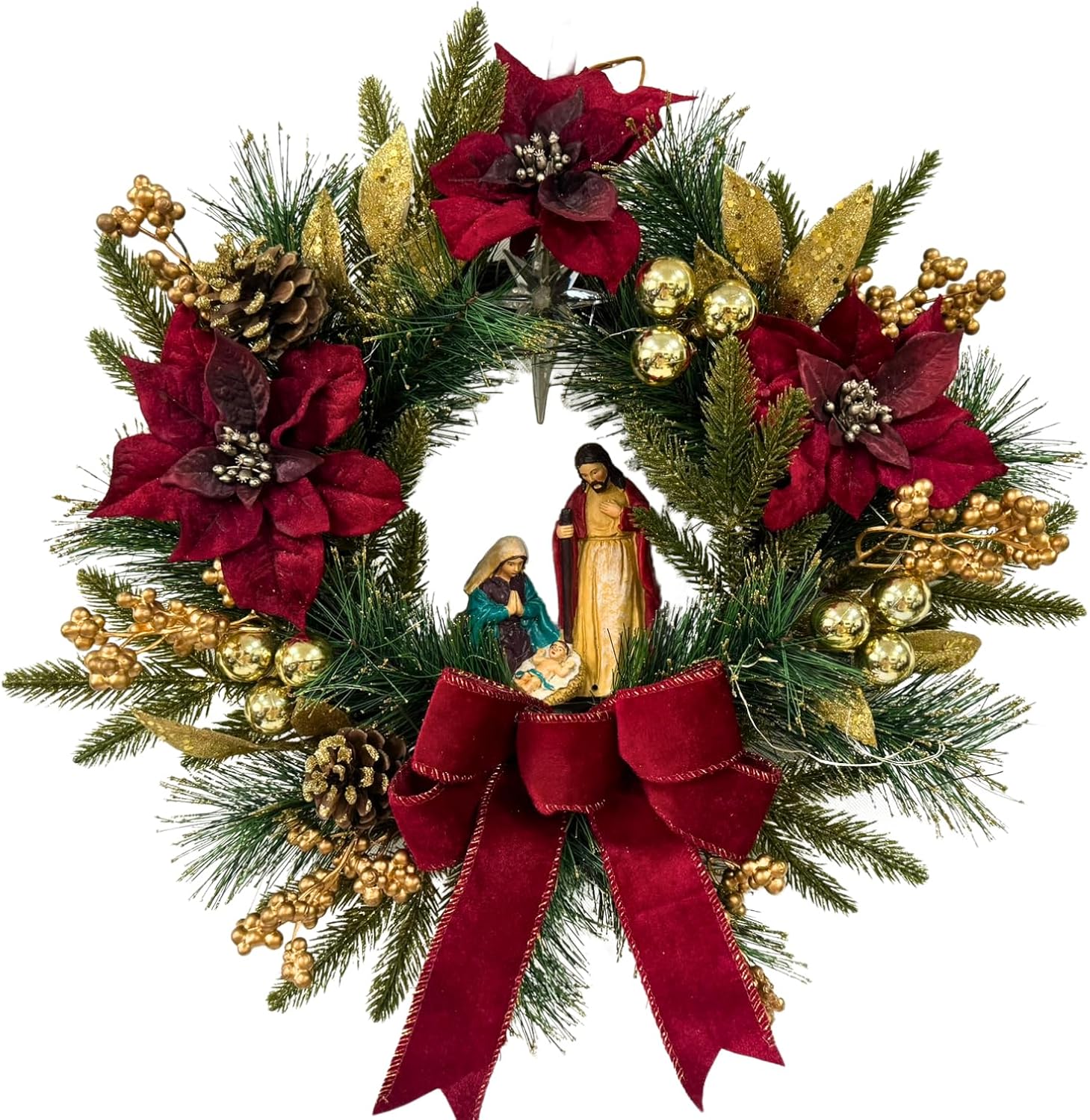 Lighted Nativity Christmas Wreath with Bow, Poinsettias and Star, main product view