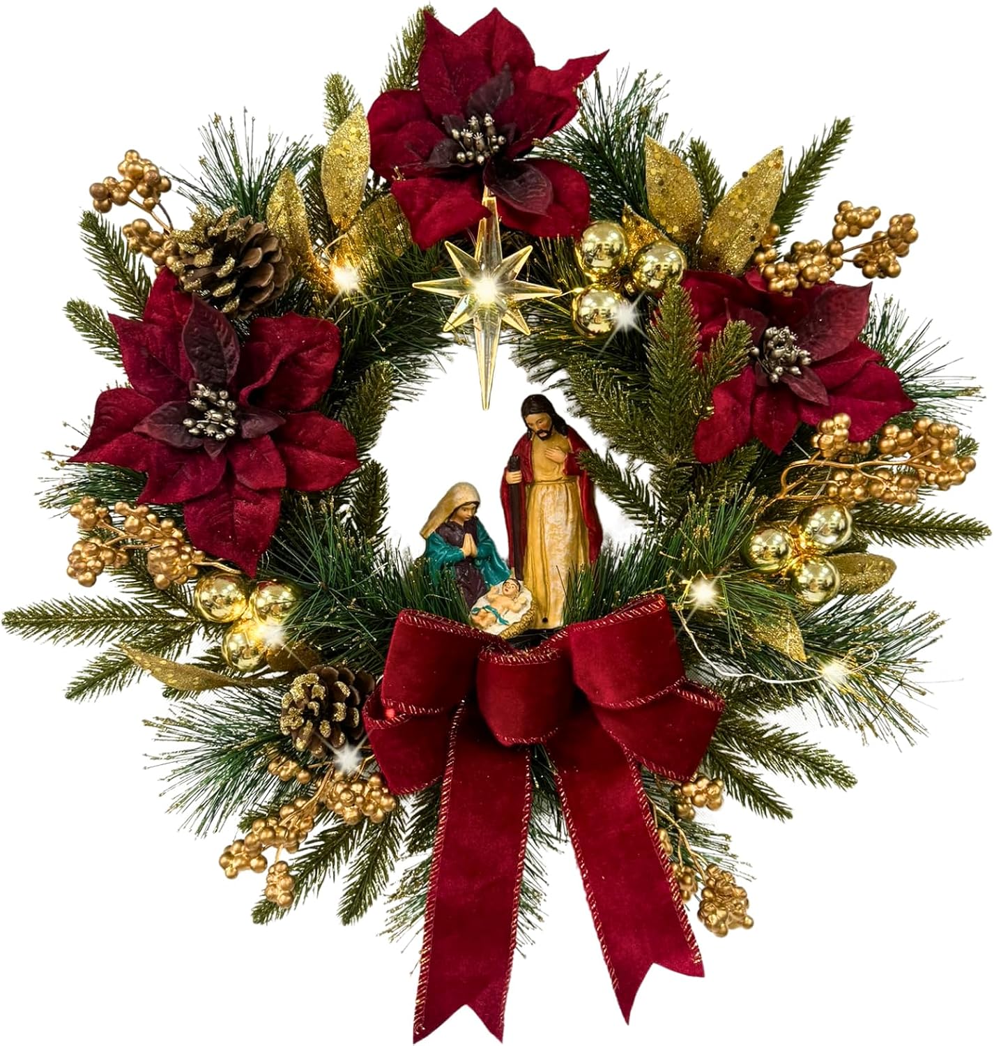 Lighted Nativity Christmas Wreath with Bow, Poinsettias and Star, additional listing view 2