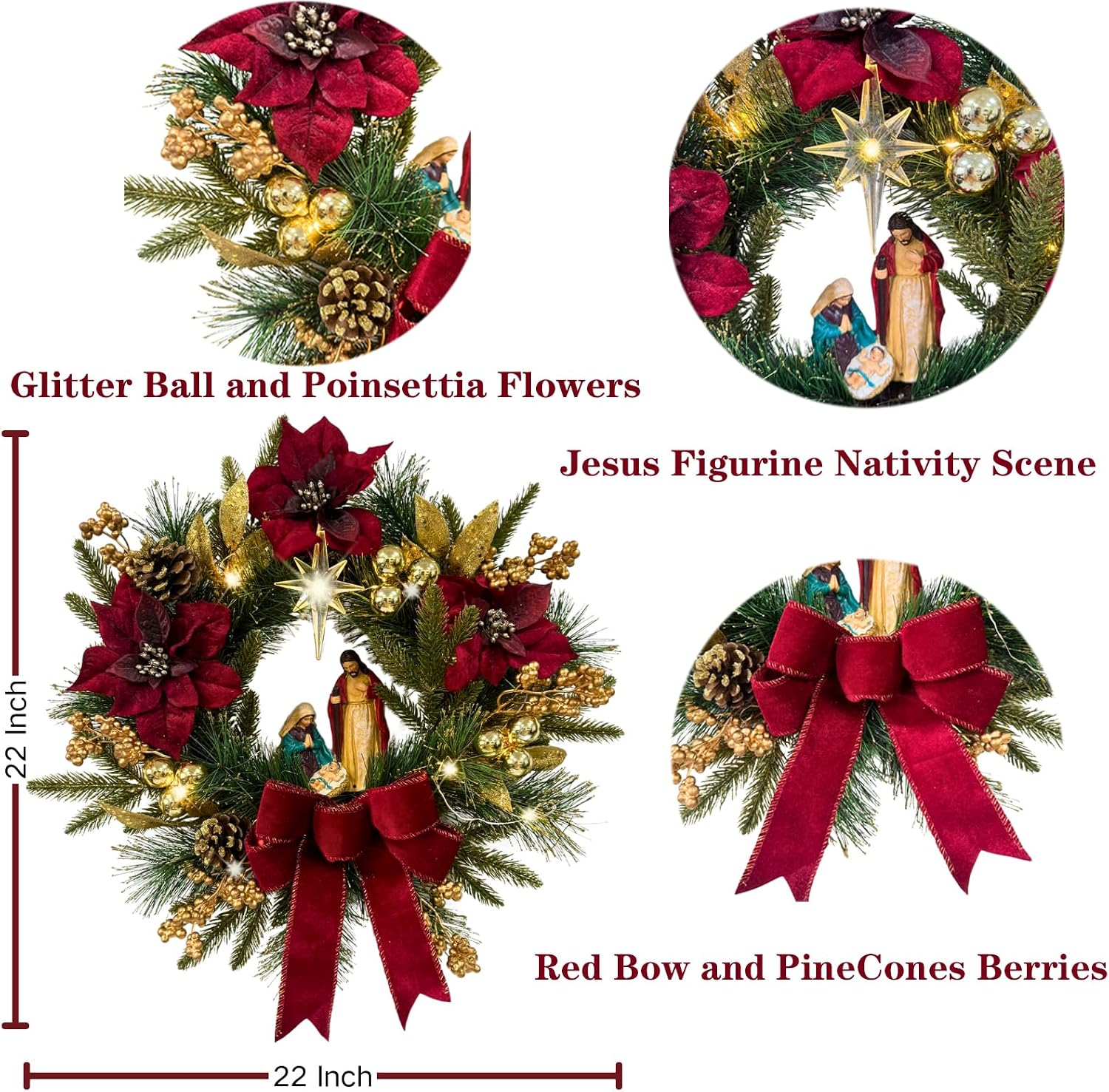 Lighted Nativity Christmas Wreath with Bow, Poinsettias and Star, additional listing view 3