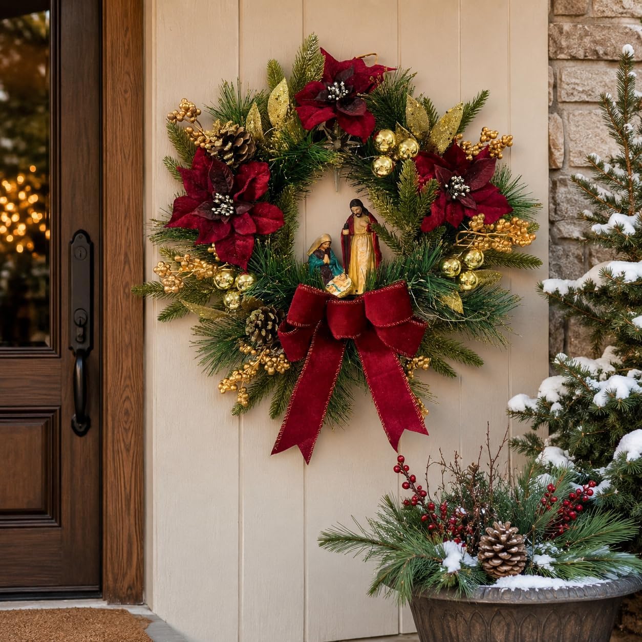 Lighted Nativity Christmas Wreath with Bow, Poinsettias and Star, additional listing view 4