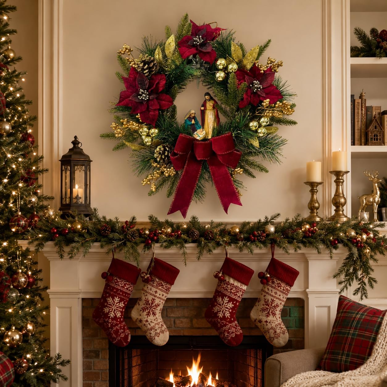 Lighted Nativity Christmas Wreath with Bow, Poinsettias and Star, additional listing view 5
