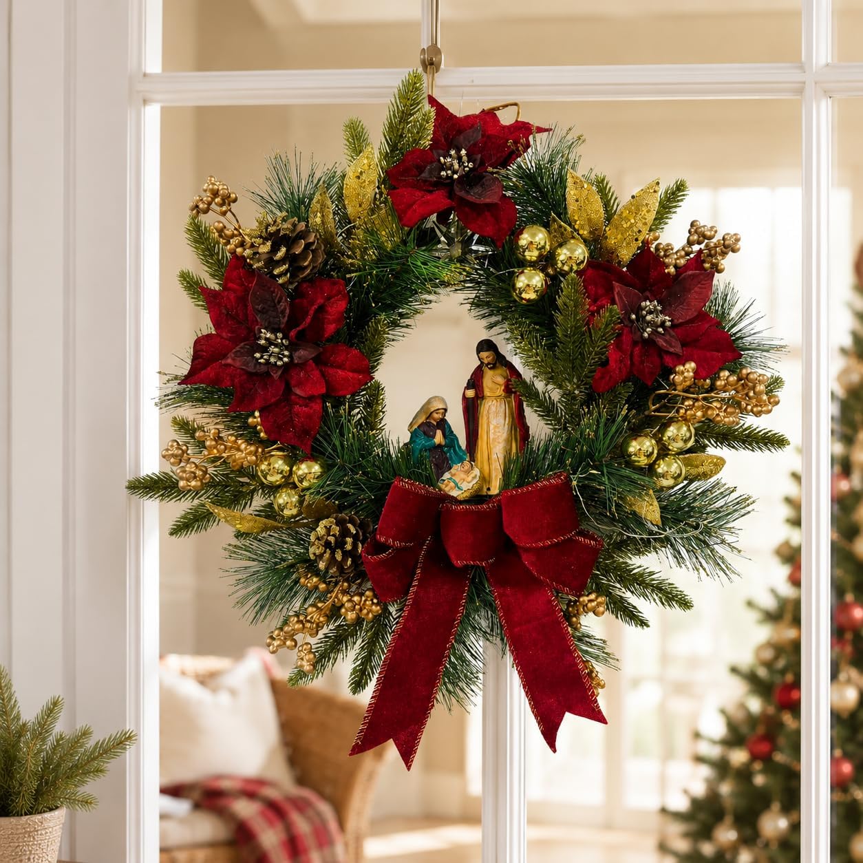 Lighted Nativity Christmas Wreath with Bow, Poinsettias and Star, additional listing view 6