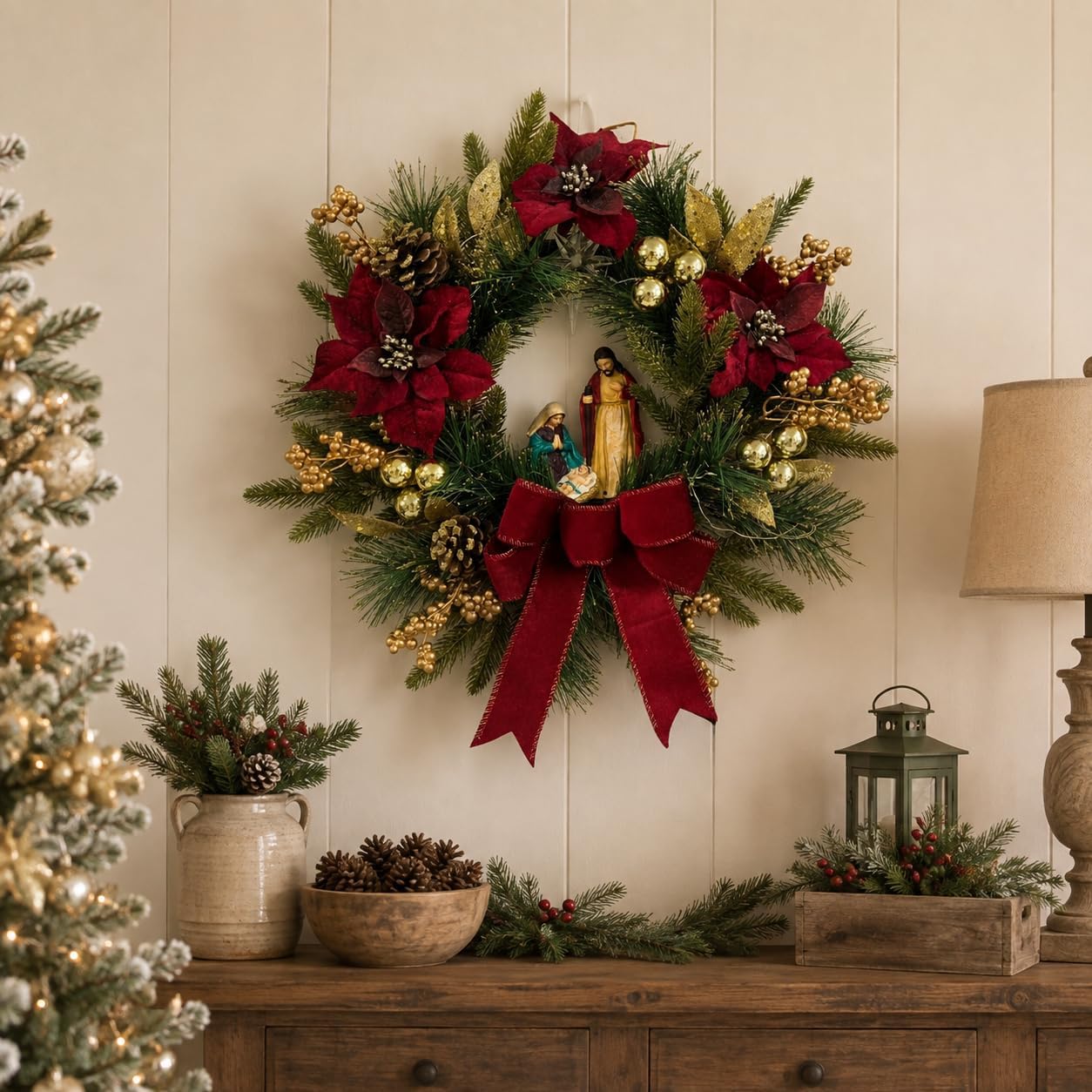 Lighted Nativity Christmas Wreath with Bow, Poinsettias and Star, additional listing view 7