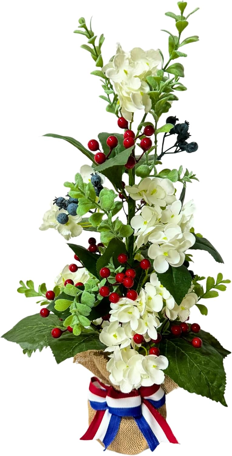 Lighted Patriotic Floral Arrangement with Timer, Faux Hydrangeas, main product view