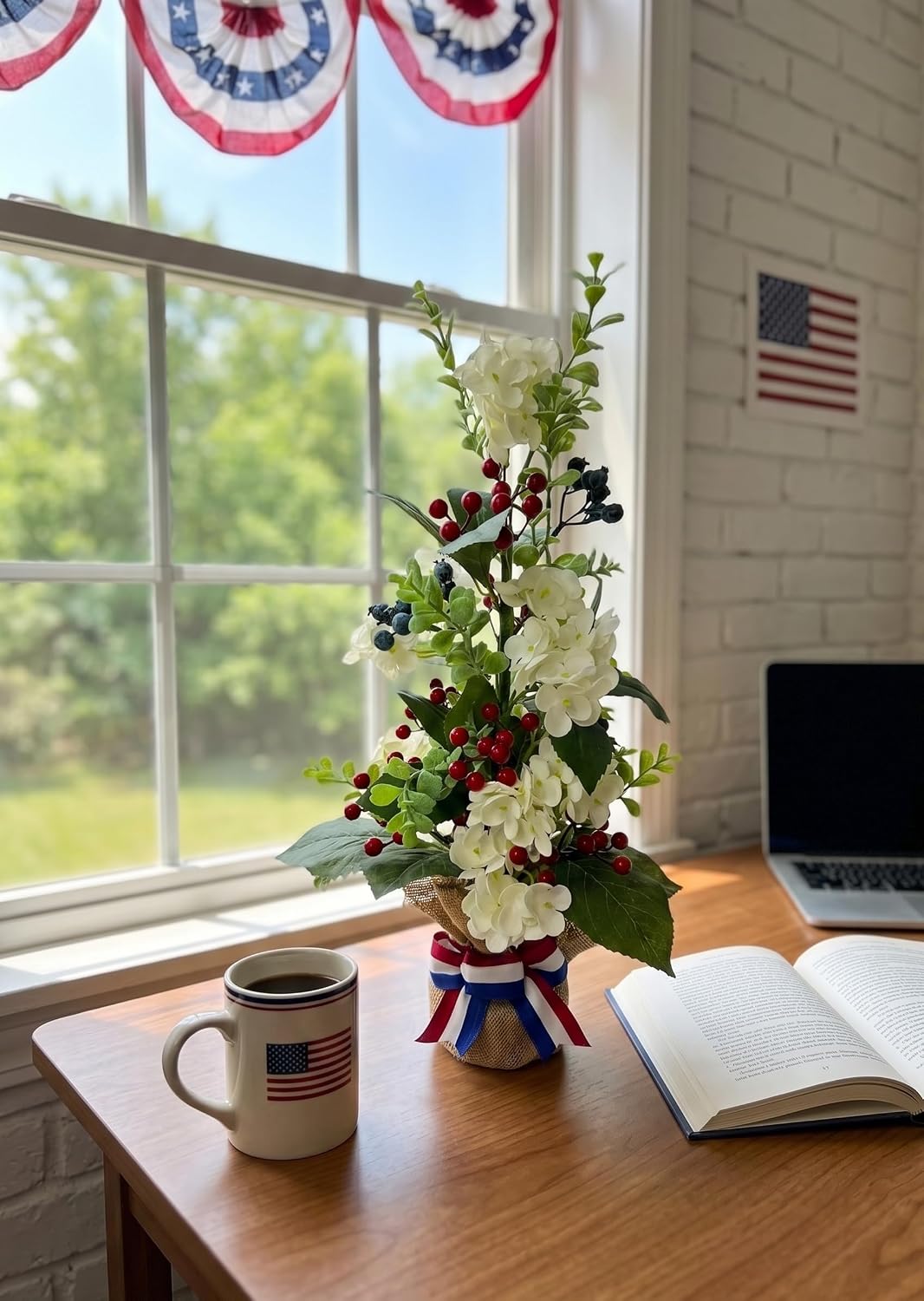 Lighted Patriotic Floral Arrangement with Timer, Faux Hydrangeas, additional listing view 5