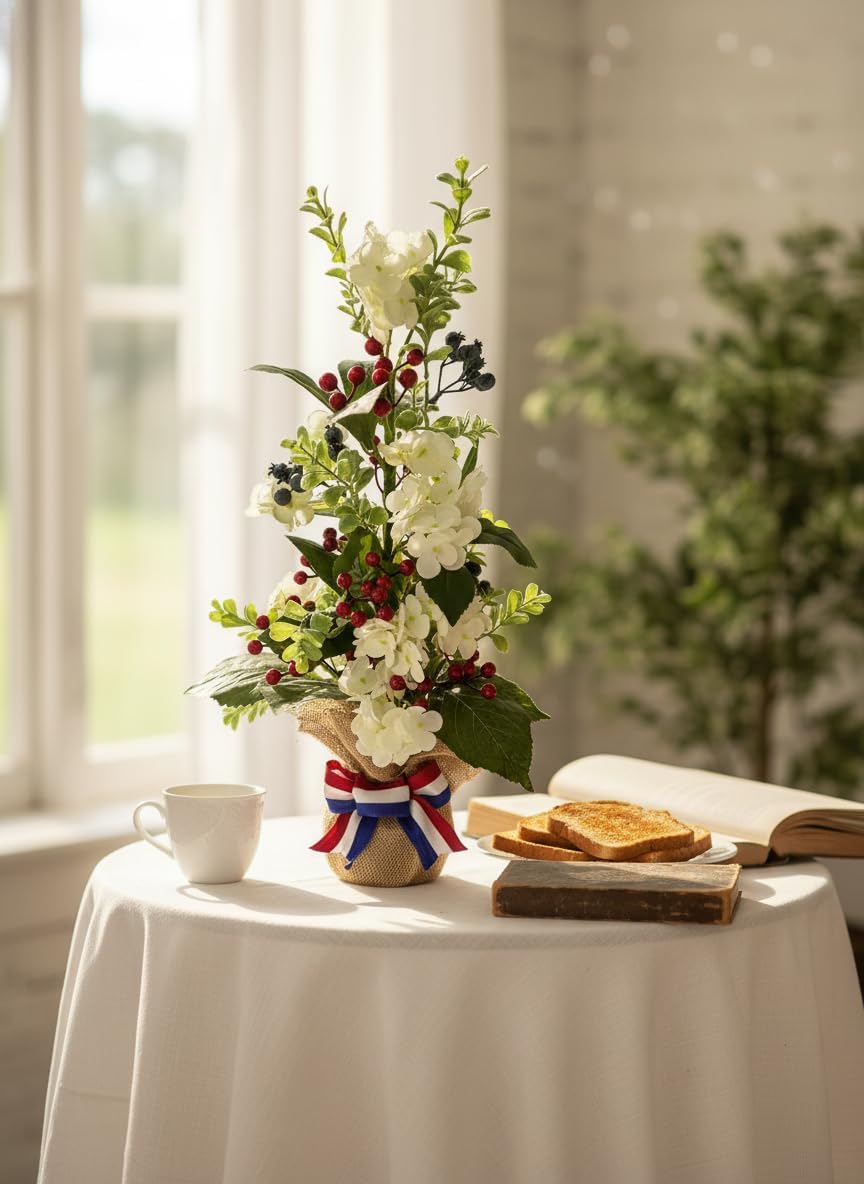Lighted Patriotic Floral Arrangement with Timer, Faux Hydrangeas, additional listing view 6