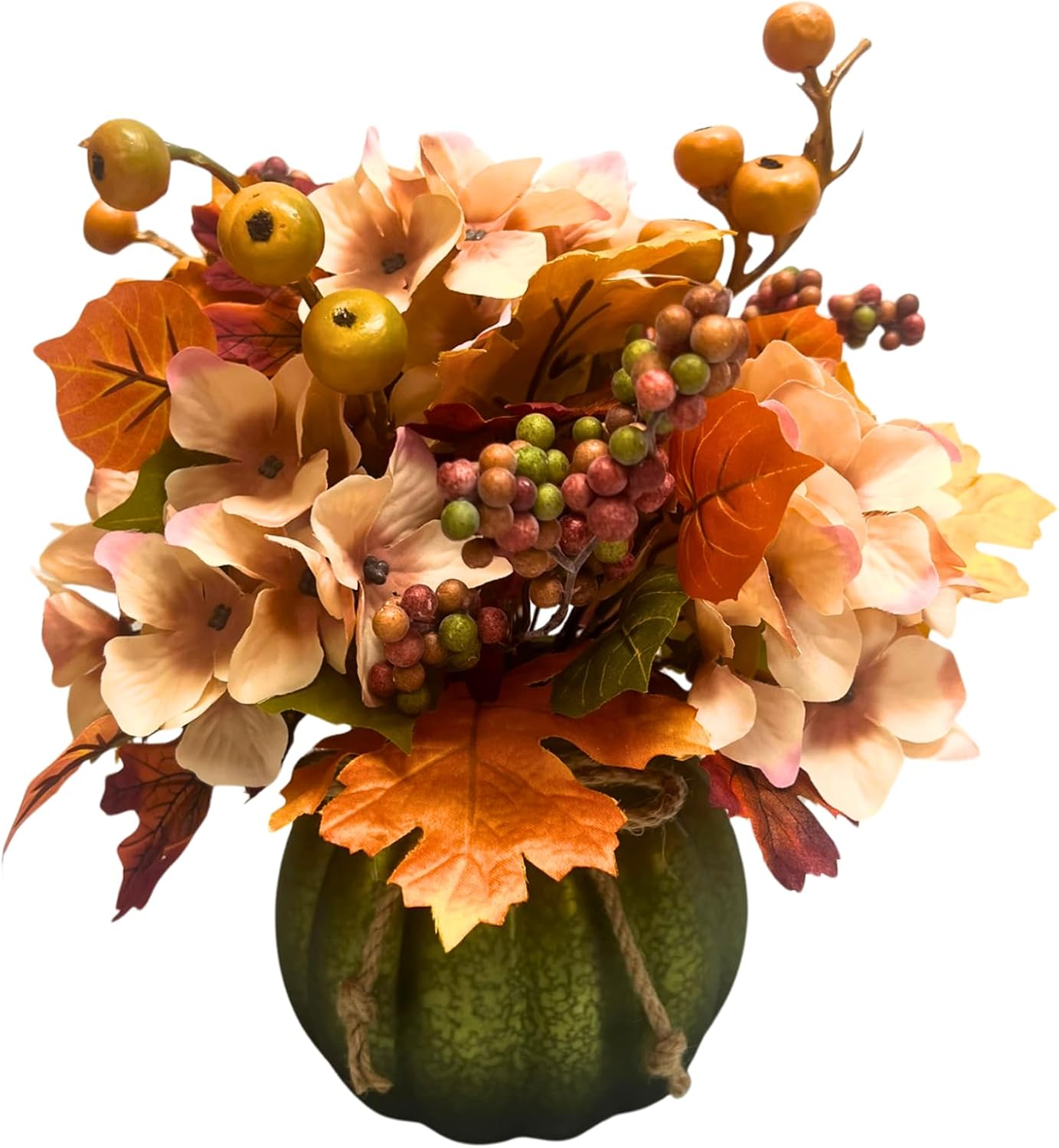 Lighted fall floral arrangement with green pumpkin base, cream blooms, maple leaves, berries, and greenery
