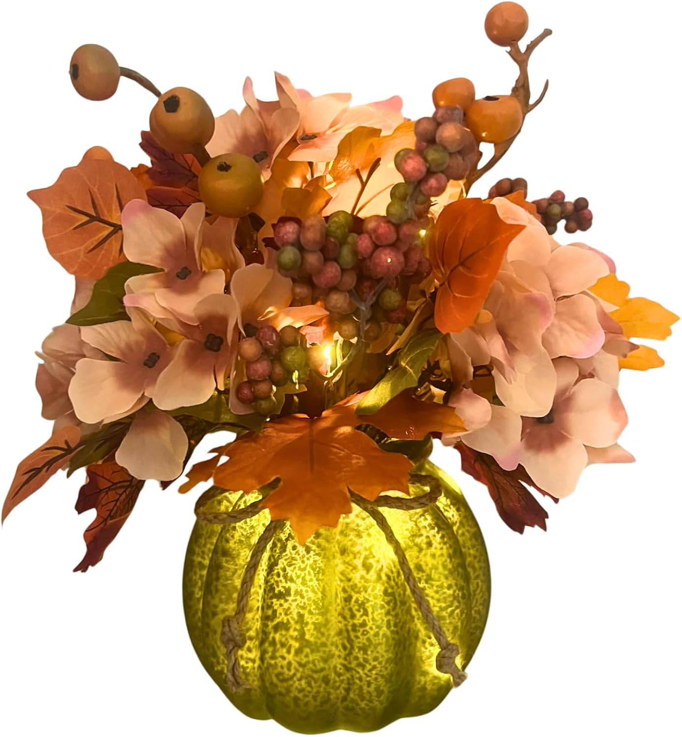 Pumpkin floral tabletop arrangement illuminated with warm white LEDs