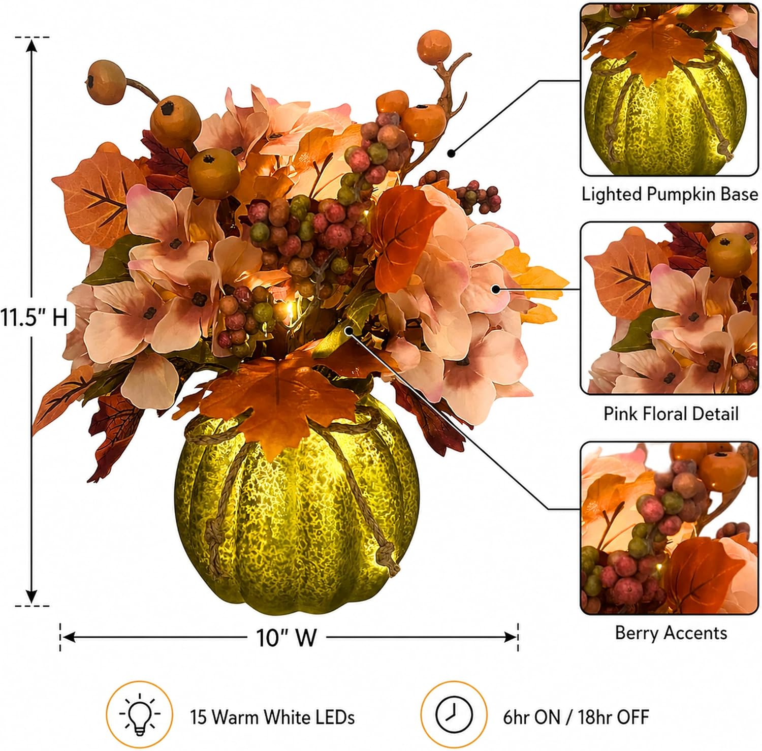 Detail guide showing the 11.5-inch lighted pumpkin arrangement, floral accents, and timer