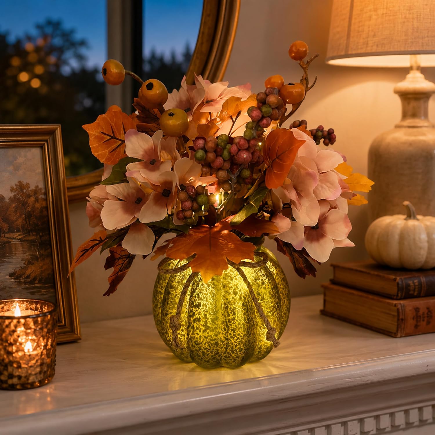 Lighted Pumpkin Floral Arrangement feature and construction detail from the Amazon listing