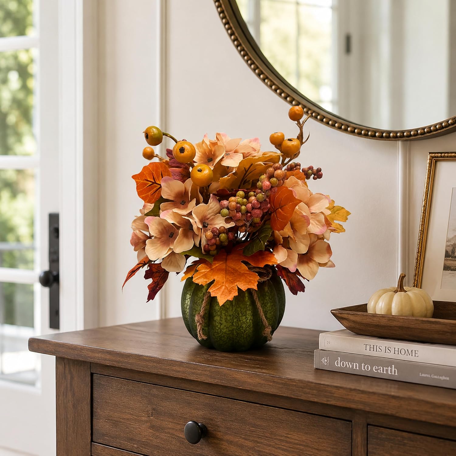Lighted Pumpkin Floral Arrangement placement and seasonal styling view from the Amazon listing