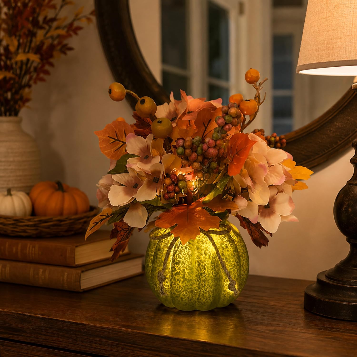 Lighted Pumpkin Floral Arrangement final product information view from the Amazon listing