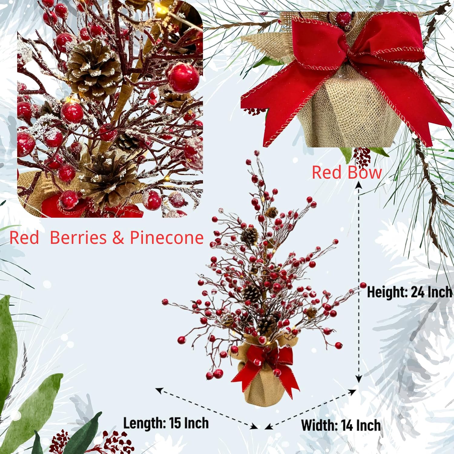 Lighted Red Berries Tree Table Decoration Christmas Tree with Snow Flocked, additional listing view 2