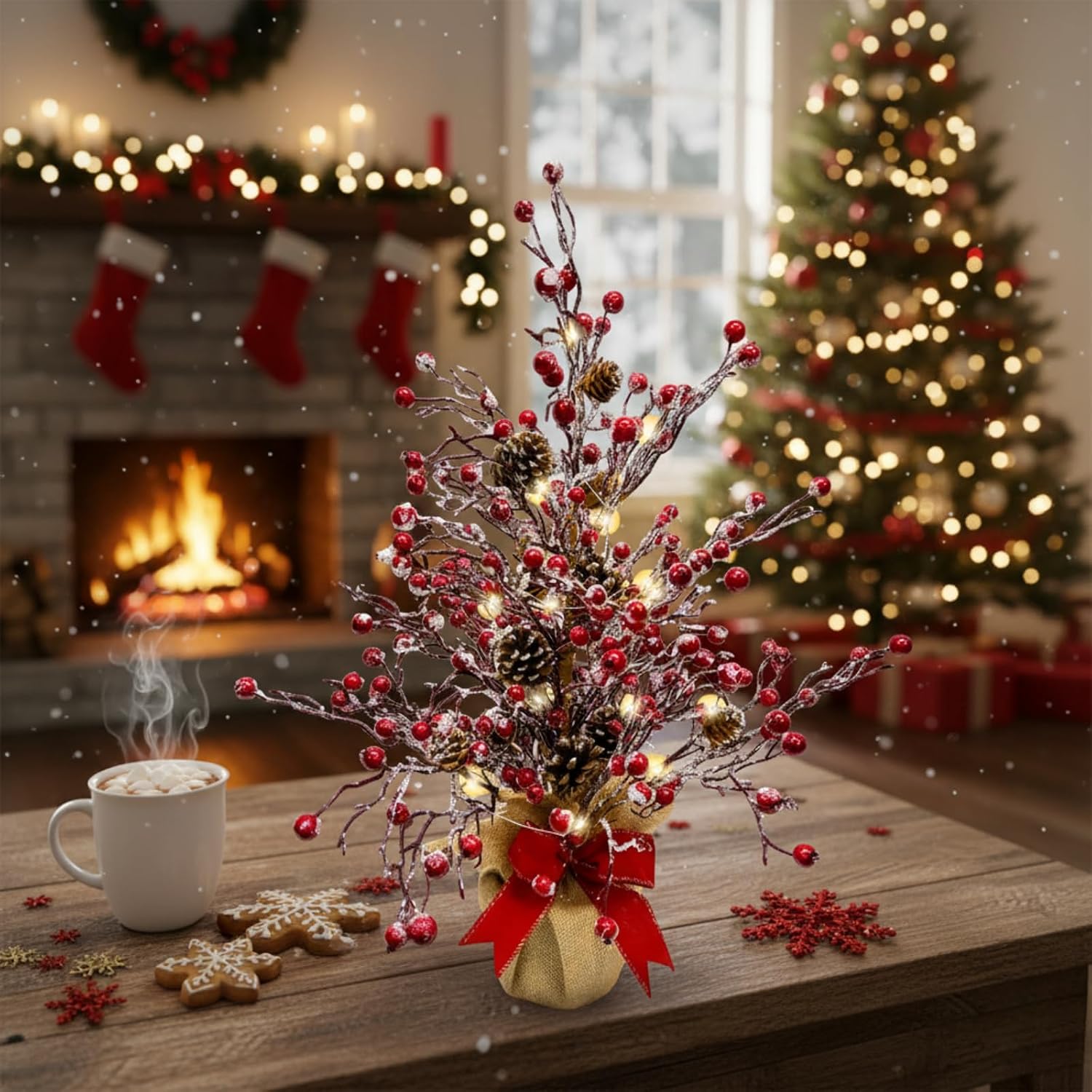 Lighted Red Berries Tree Table Decoration Christmas Tree with Snow Flocked, additional listing view 3