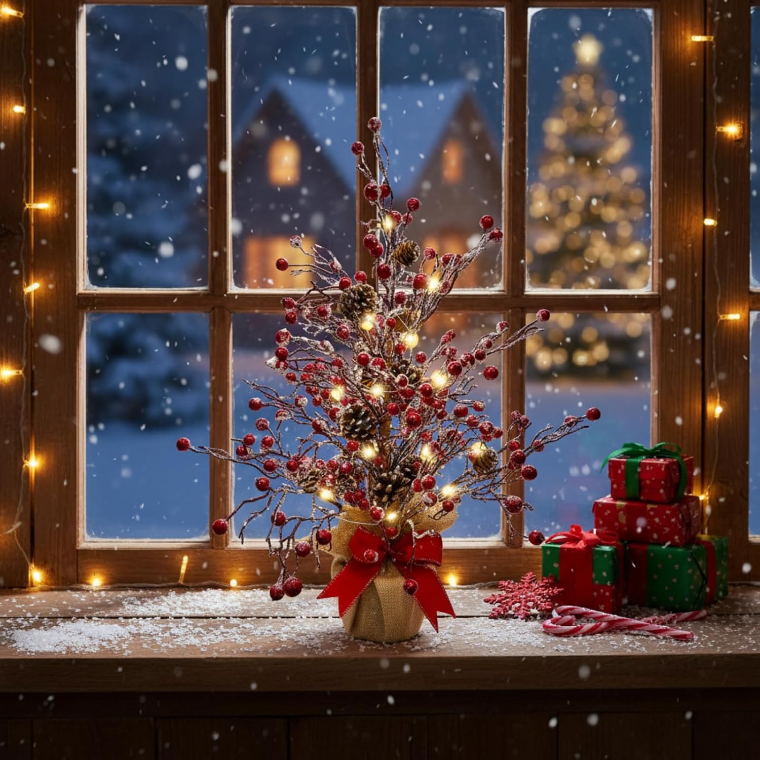 Lighted Red Berries Tree Table Decoration Christmas Tree with Snow Flocked, additional listing view 4