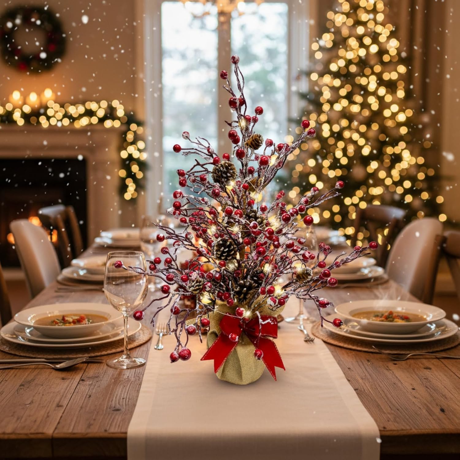 Lighted Red Berries Tree Table Decoration Christmas Tree with Snow Flocked, additional listing view 5
