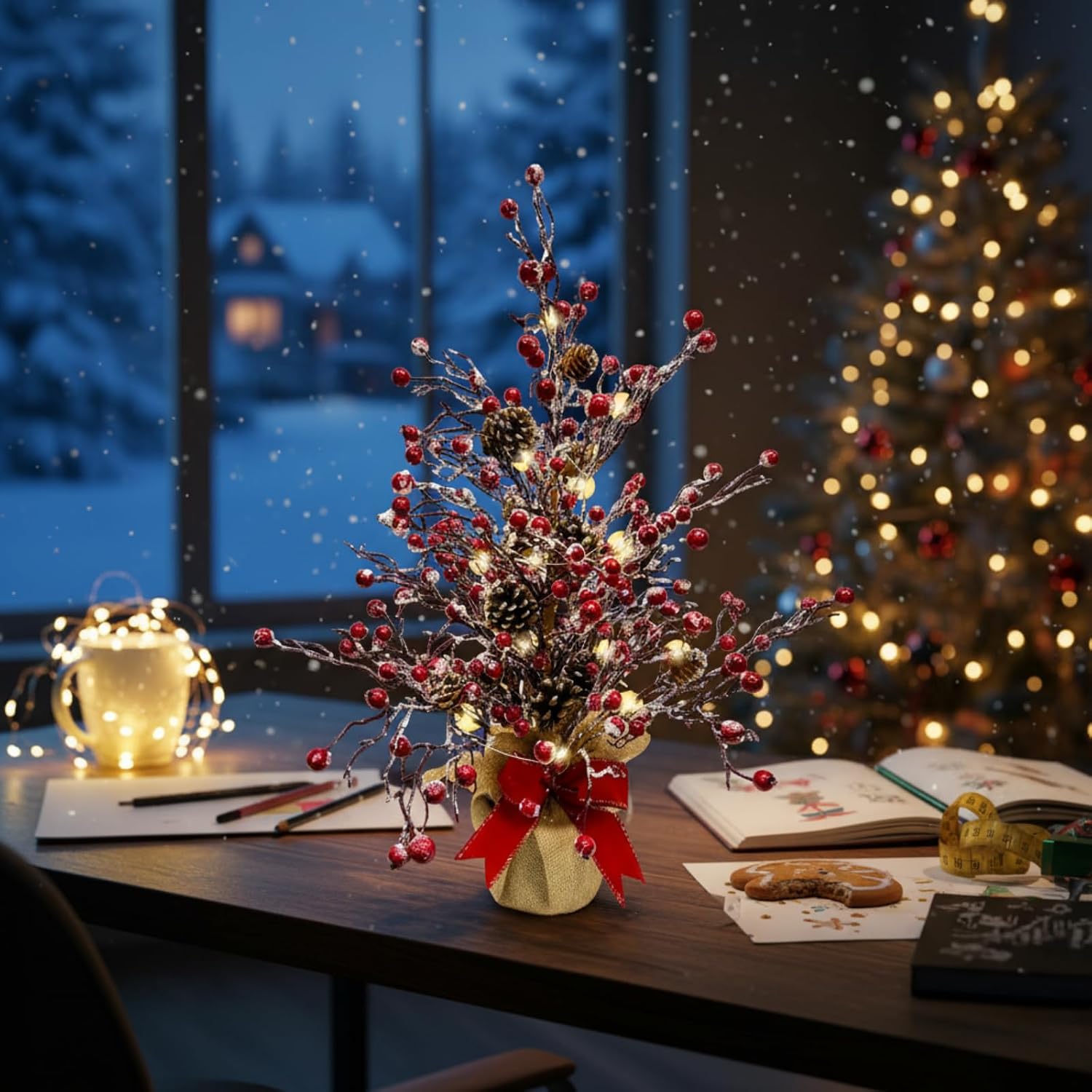 Lighted Red Berries Tree Table Decoration Christmas Tree with Snow Flocked, additional listing view 6
