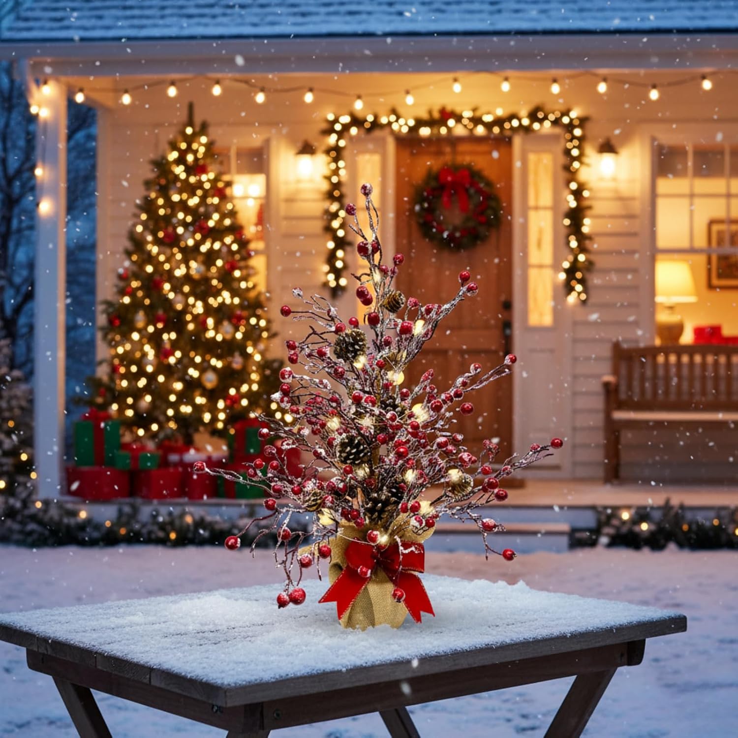 Lighted Red Berries Tree Table Decoration Christmas Tree with Snow Flocked, additional listing view 7