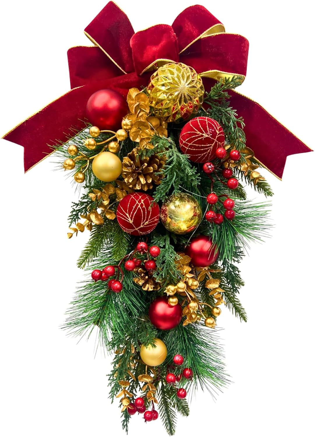 Lighted Red Gold Christmas Teardrop Swag with 20 LEDs and Timer, main product view