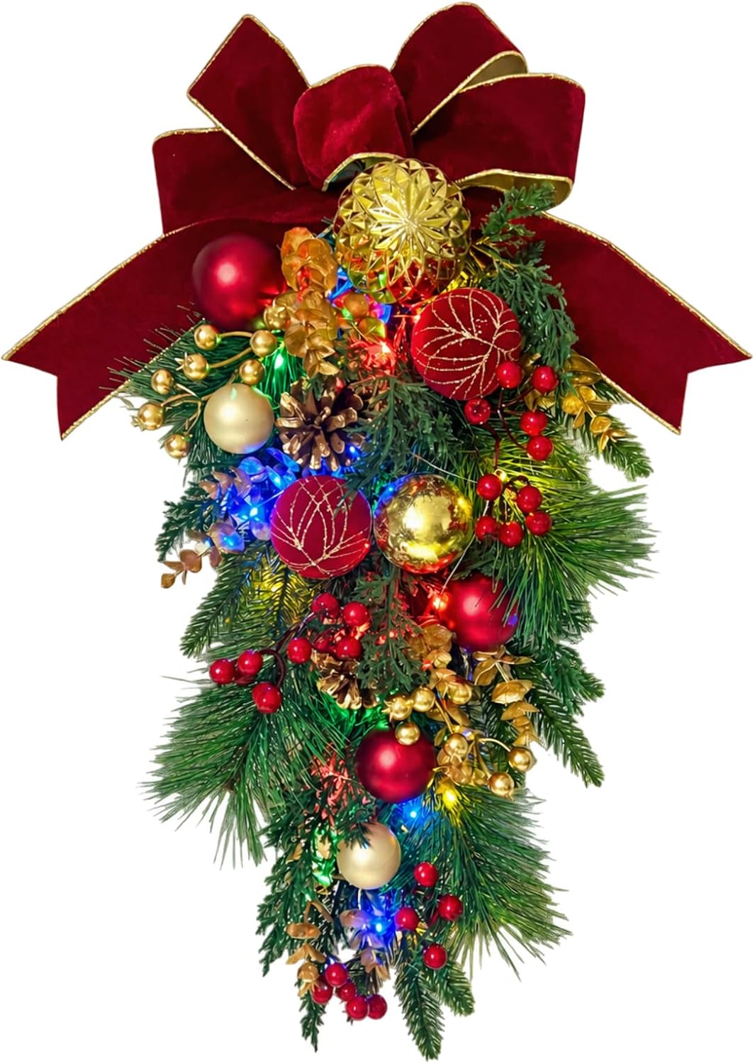 Lighted Red Gold Christmas Teardrop Swag with 20 LEDs and Timer, additional listing view 2