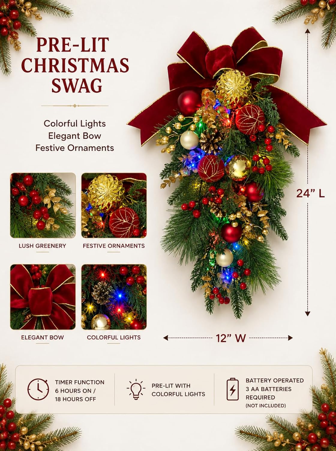 Lighted Red Gold Christmas Teardrop Swag with 20 LEDs and Timer, additional listing view 3