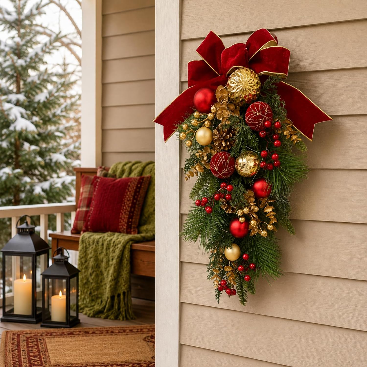 Lighted Red Gold Christmas Teardrop Swag with 20 LEDs and Timer, additional listing view 5