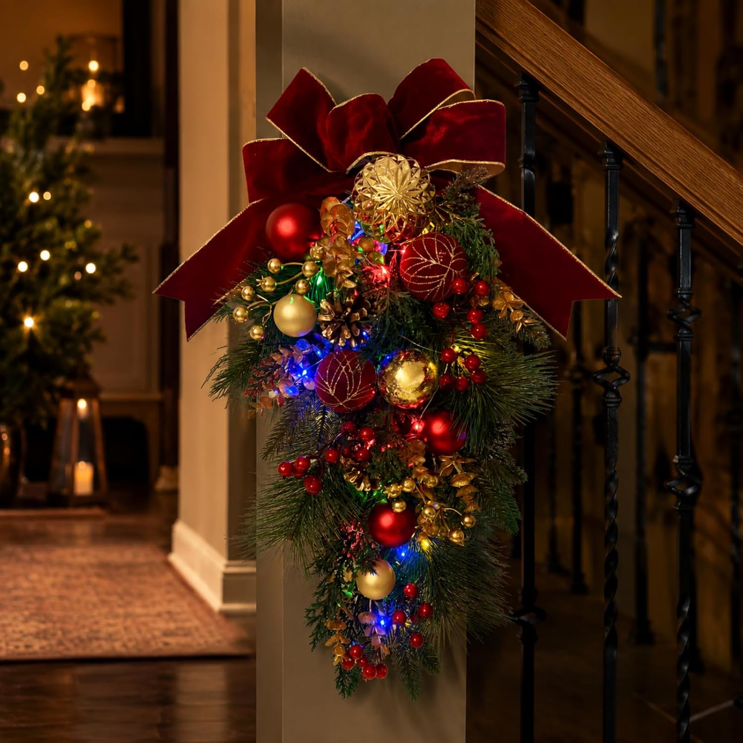Lighted Red Gold Christmas Teardrop Swag with 20 LEDs and Timer, additional listing view 7