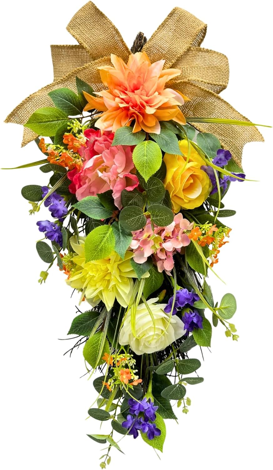Lighted Spring Summer Floral Teardrop Swag with Burlap Bow, Dahlia, main product view