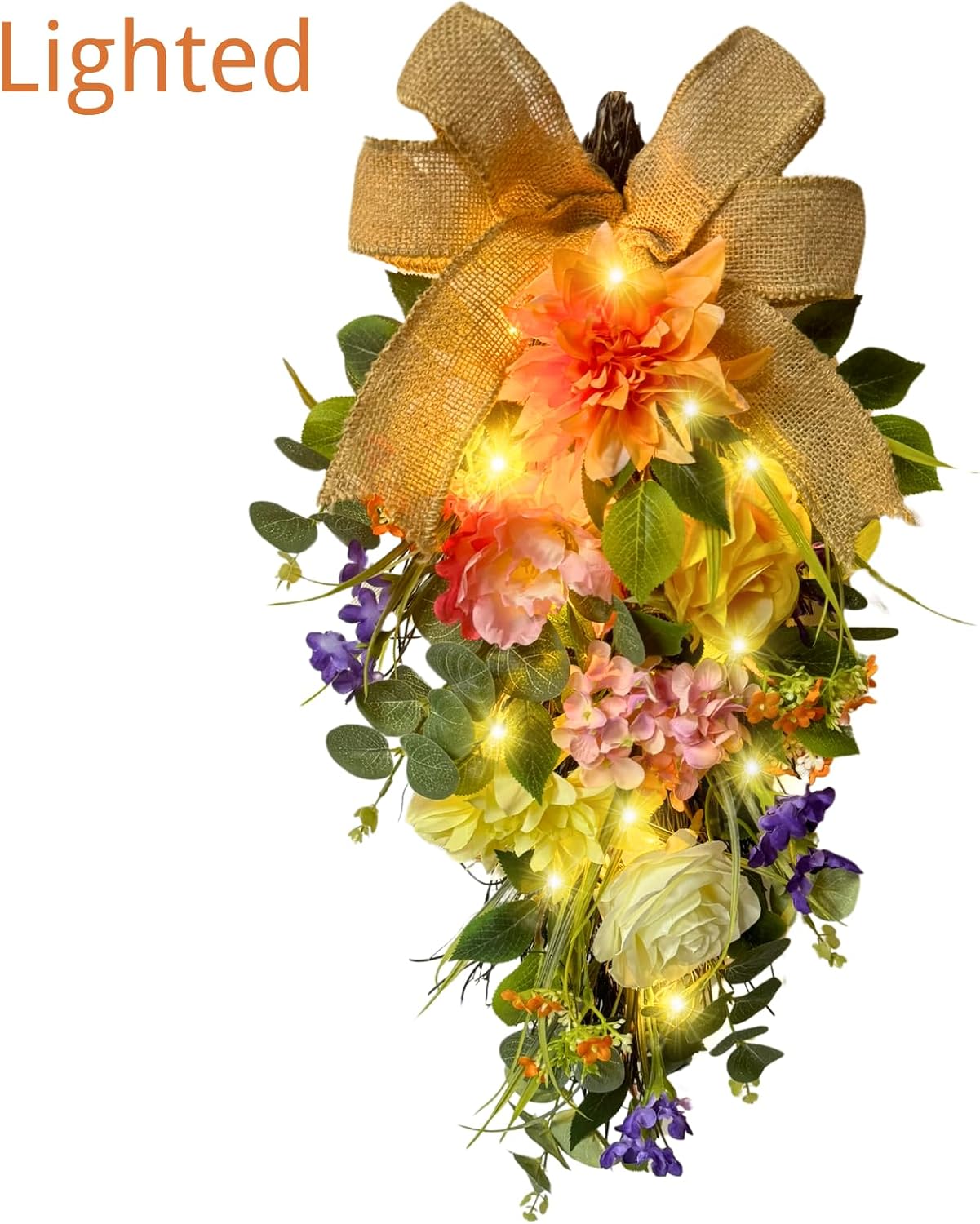Lighted Spring Summer Floral Teardrop Swag with Burlap Bow, Dahlia, additional listing view 2