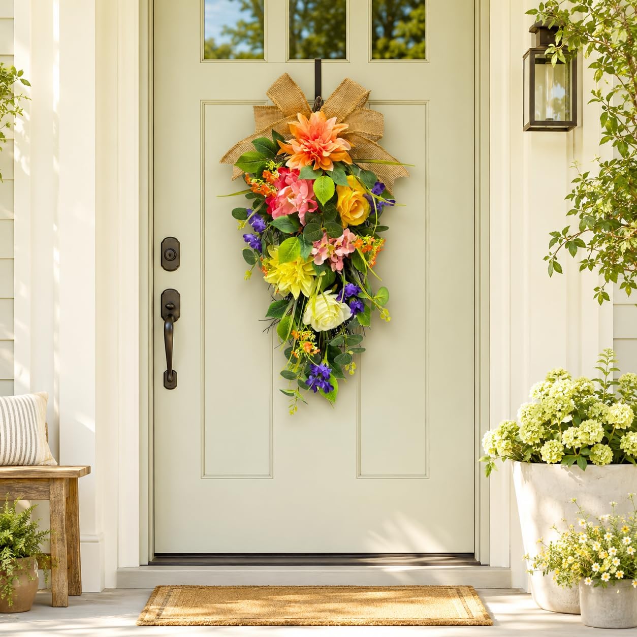 Lighted Spring Summer Floral Teardrop Swag with Burlap Bow, Dahlia, additional listing view 4