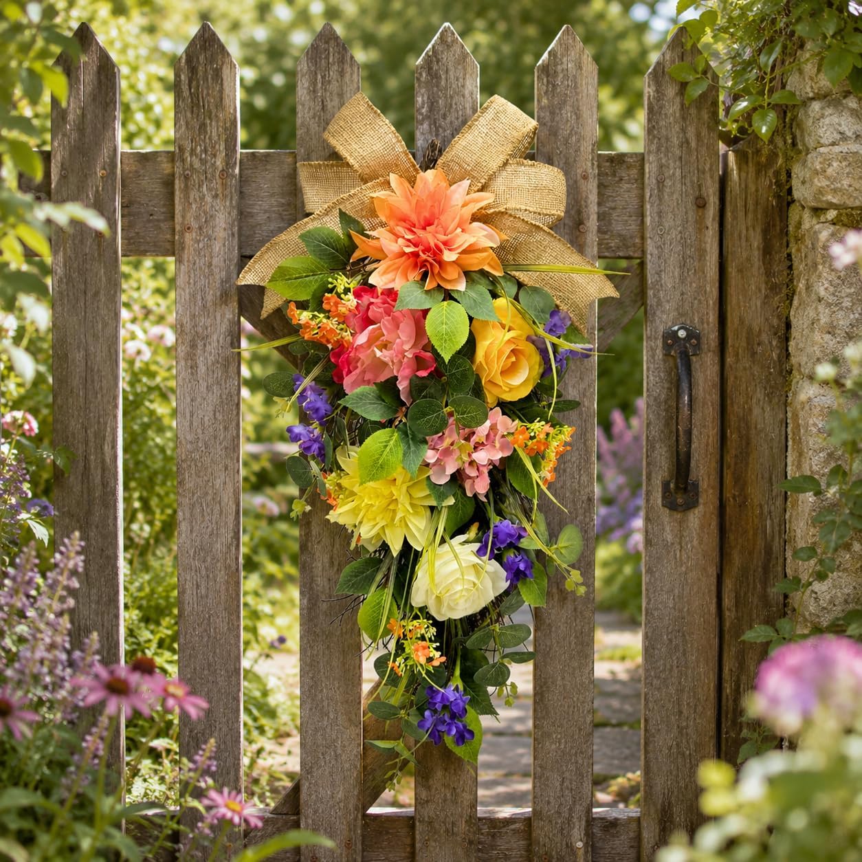 Lighted Spring Summer Floral Teardrop Swag with Burlap Bow, Dahlia, additional listing view 5