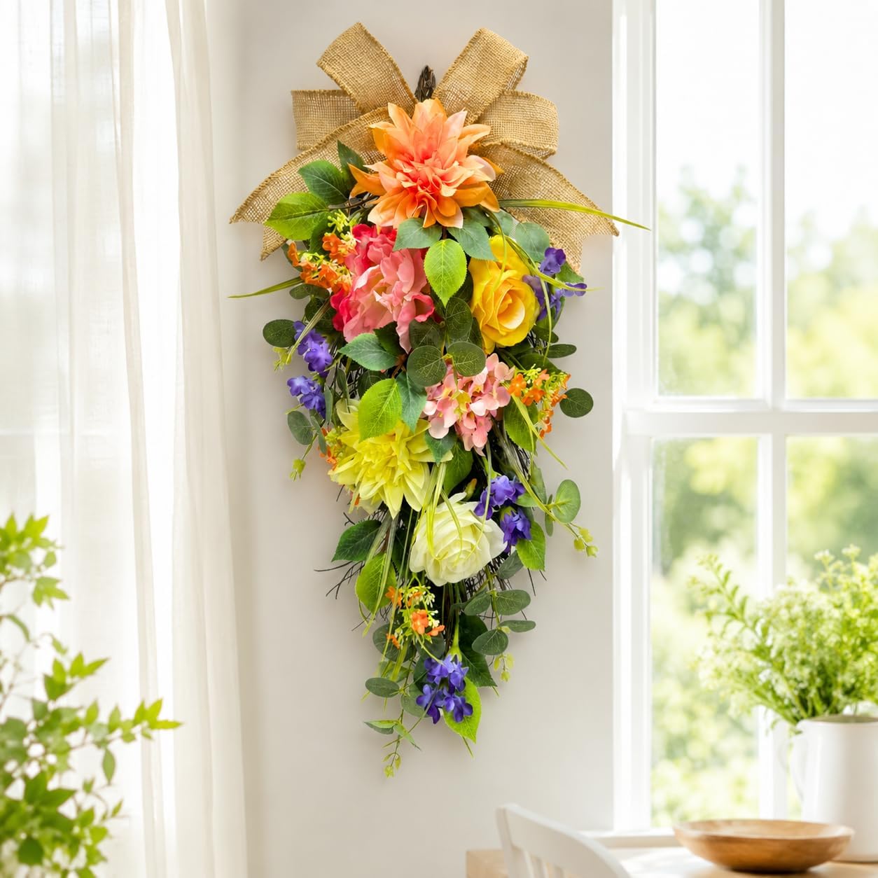 Lighted Spring Summer Floral Teardrop Swag with Burlap Bow, Dahlia, additional listing view 6