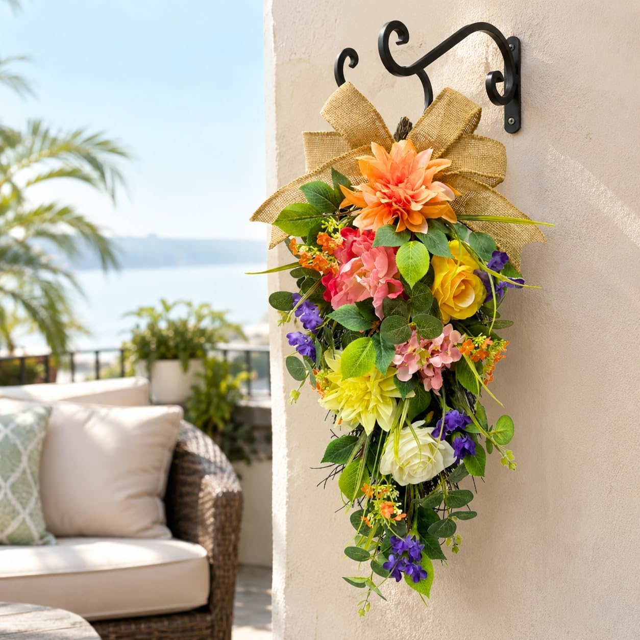 Lighted Spring Summer Floral Teardrop Swag with Burlap Bow, Dahlia, additional listing view 7