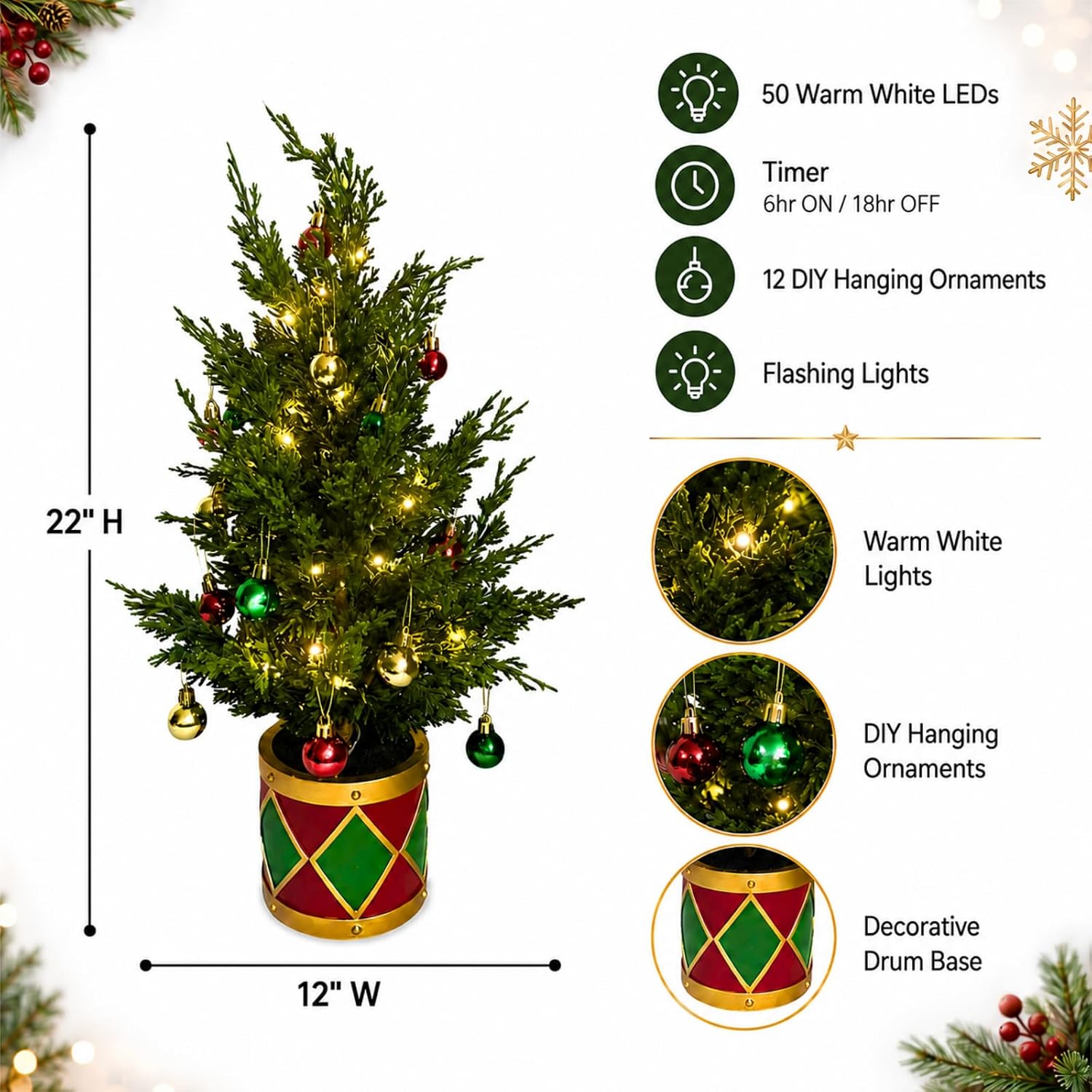 Lighted Tabletop Christmas Tree with Timer, 50 LEDs, 12 Ornaments, additional listing view 3
