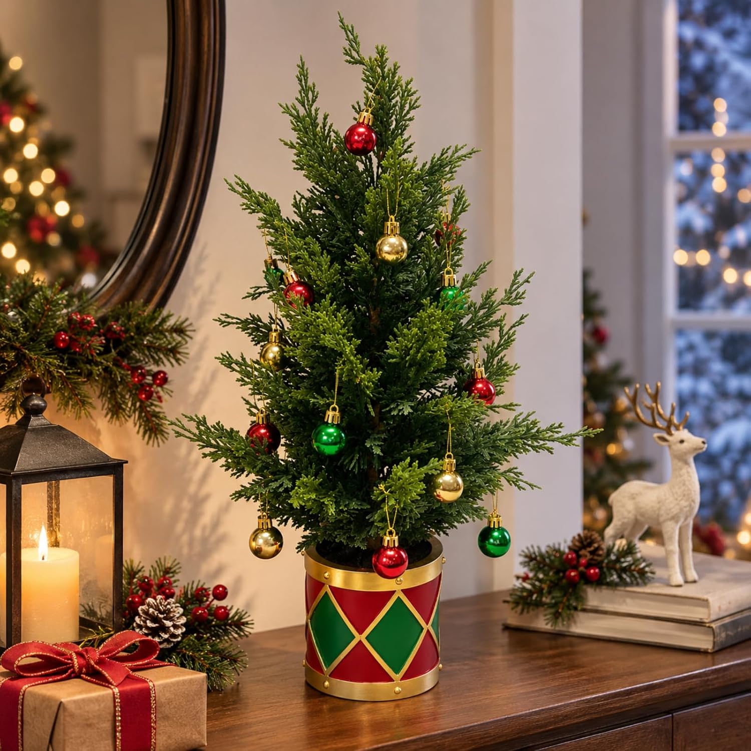Lighted Tabletop Christmas Tree with Timer, 50 LEDs, 12 Ornaments, additional listing view 4