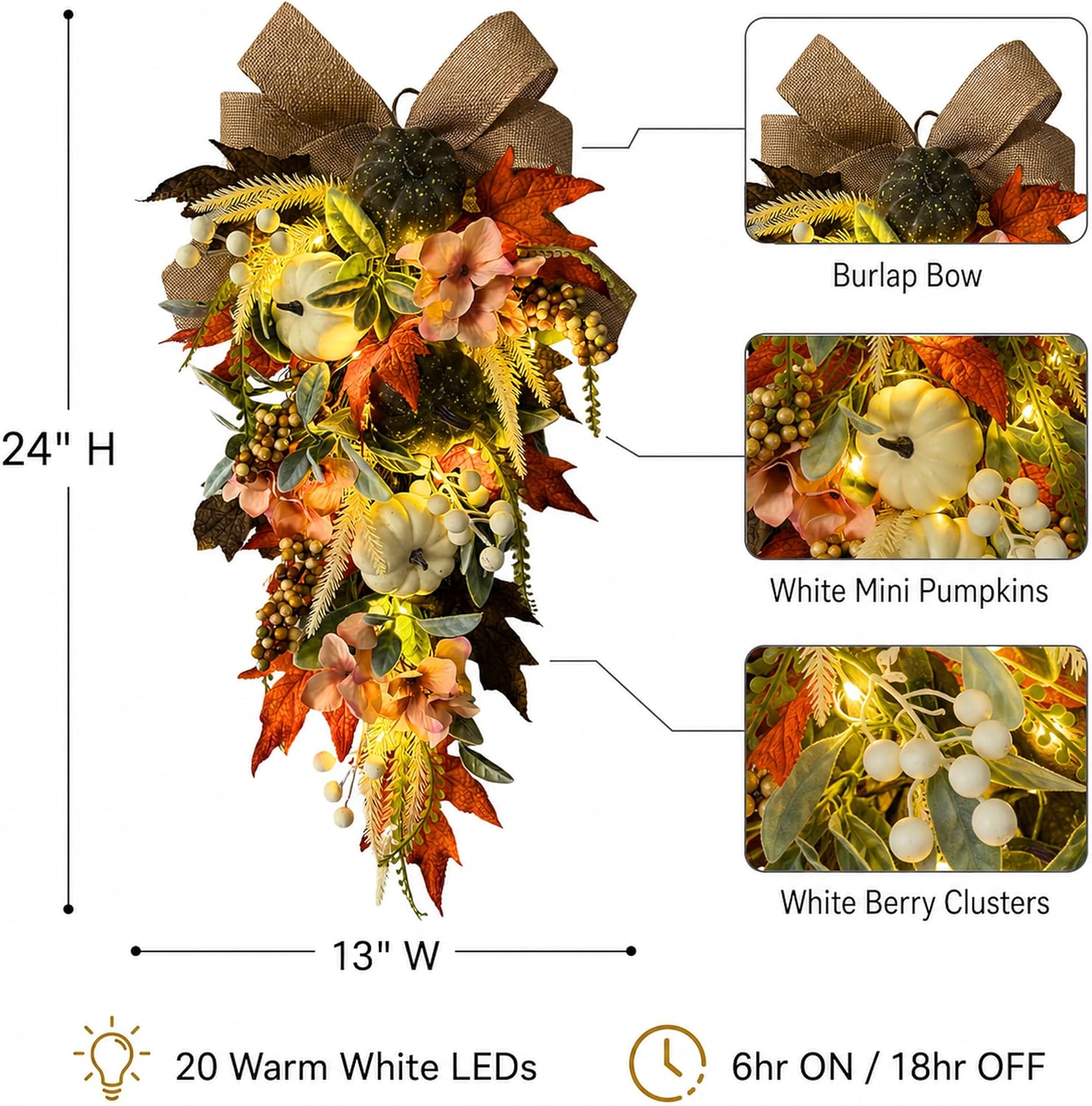 Detail guide showing the 24-inch swag, mini pumpkins, berry clusters, lights, and timer
