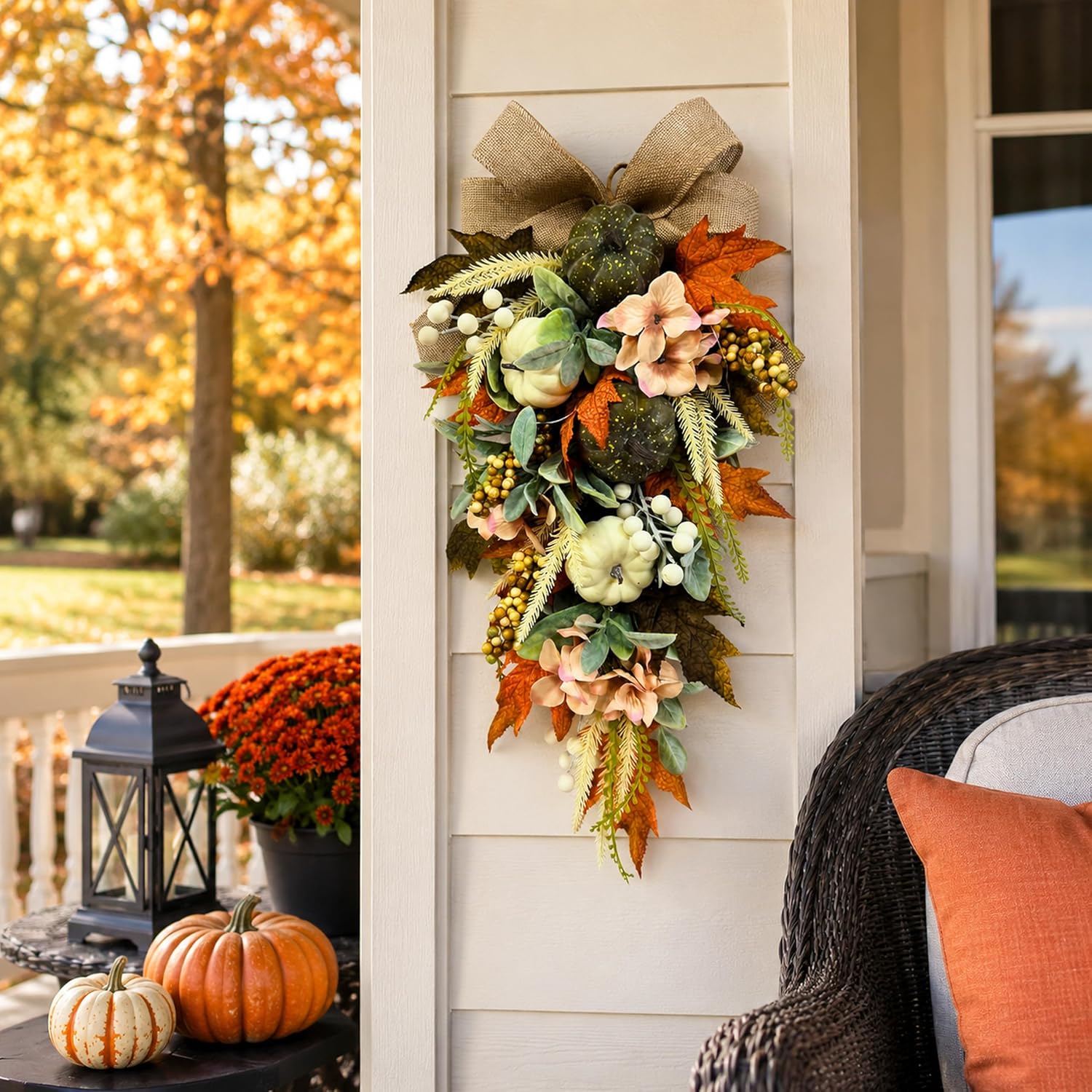 Lighted White Pumpkin Fall Door Swag shown in an additional Amazon listing detail view