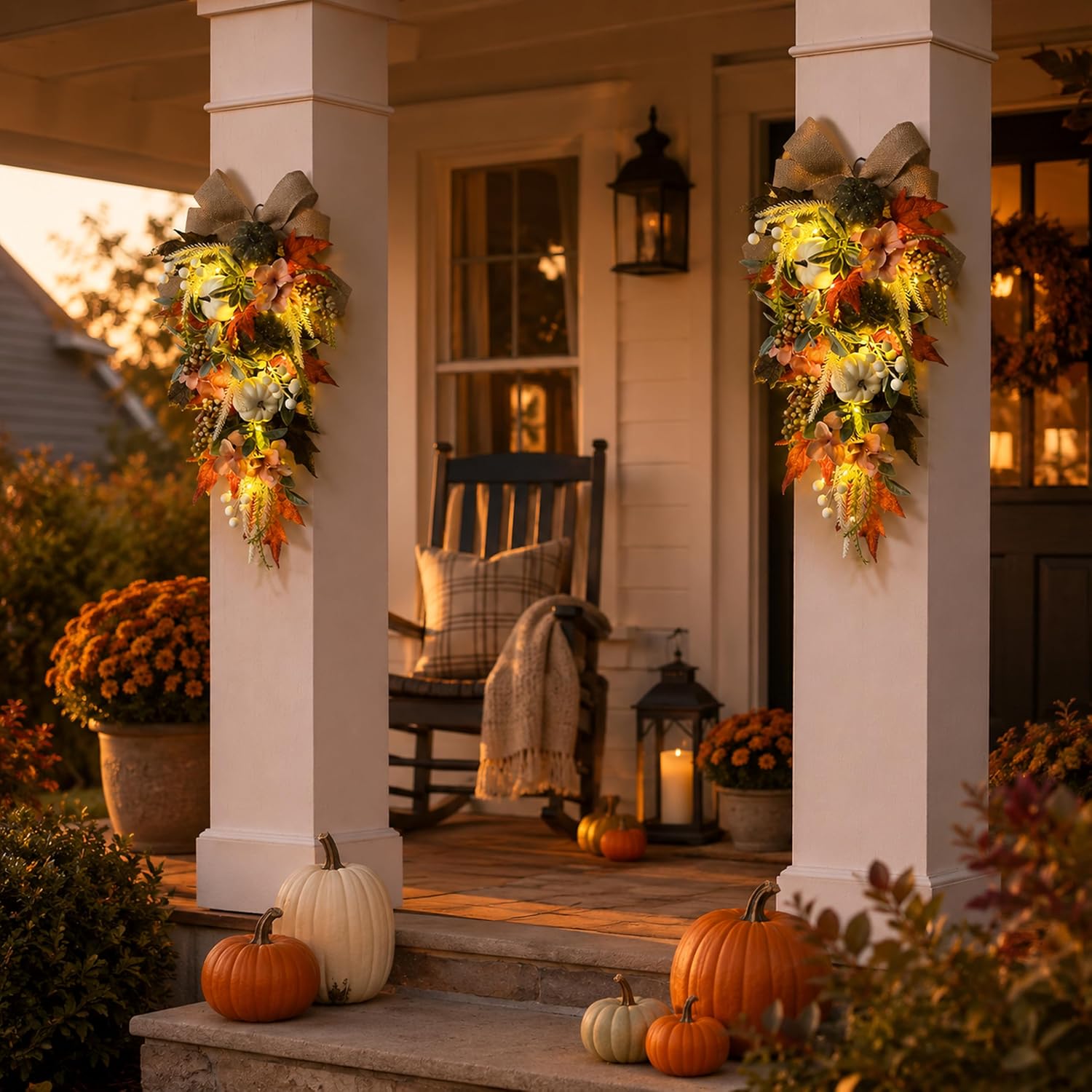 Lighted White Pumpkin Fall Door Swag feature and construction detail from the Amazon listing