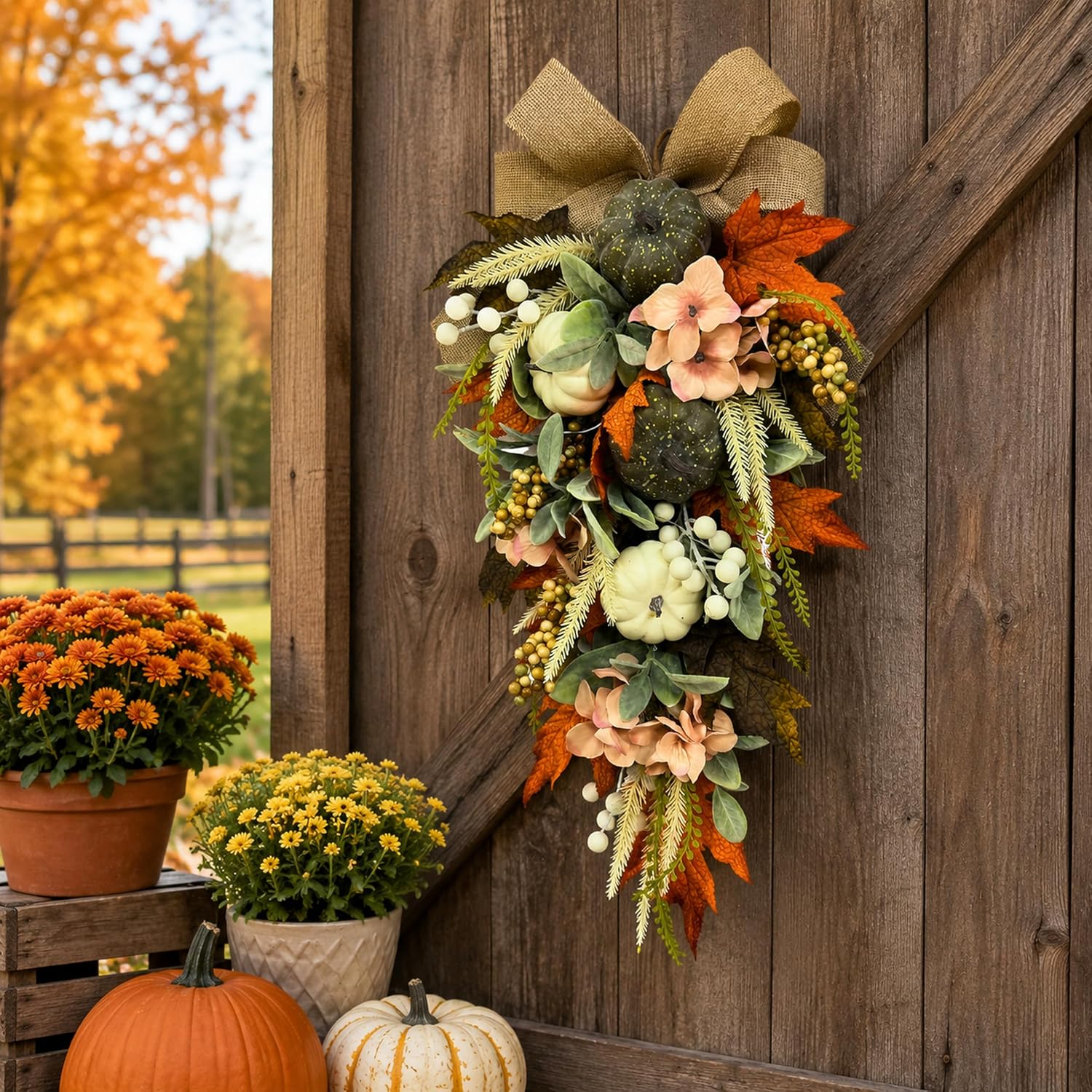 Lighted White Pumpkin Fall Door Swag placement and seasonal styling view from the Amazon listing