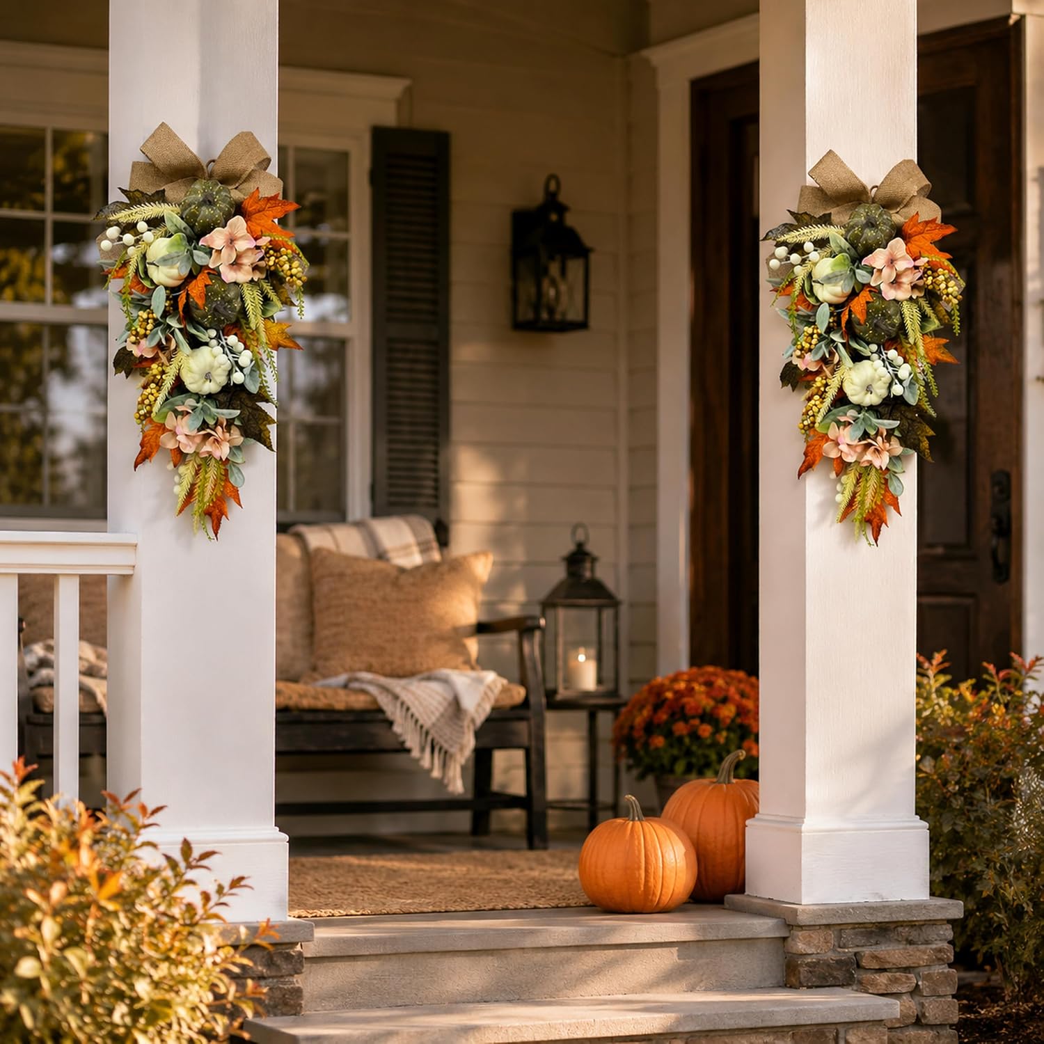 Lighted White Pumpkin Fall Door Swag final product information view from the Amazon listing