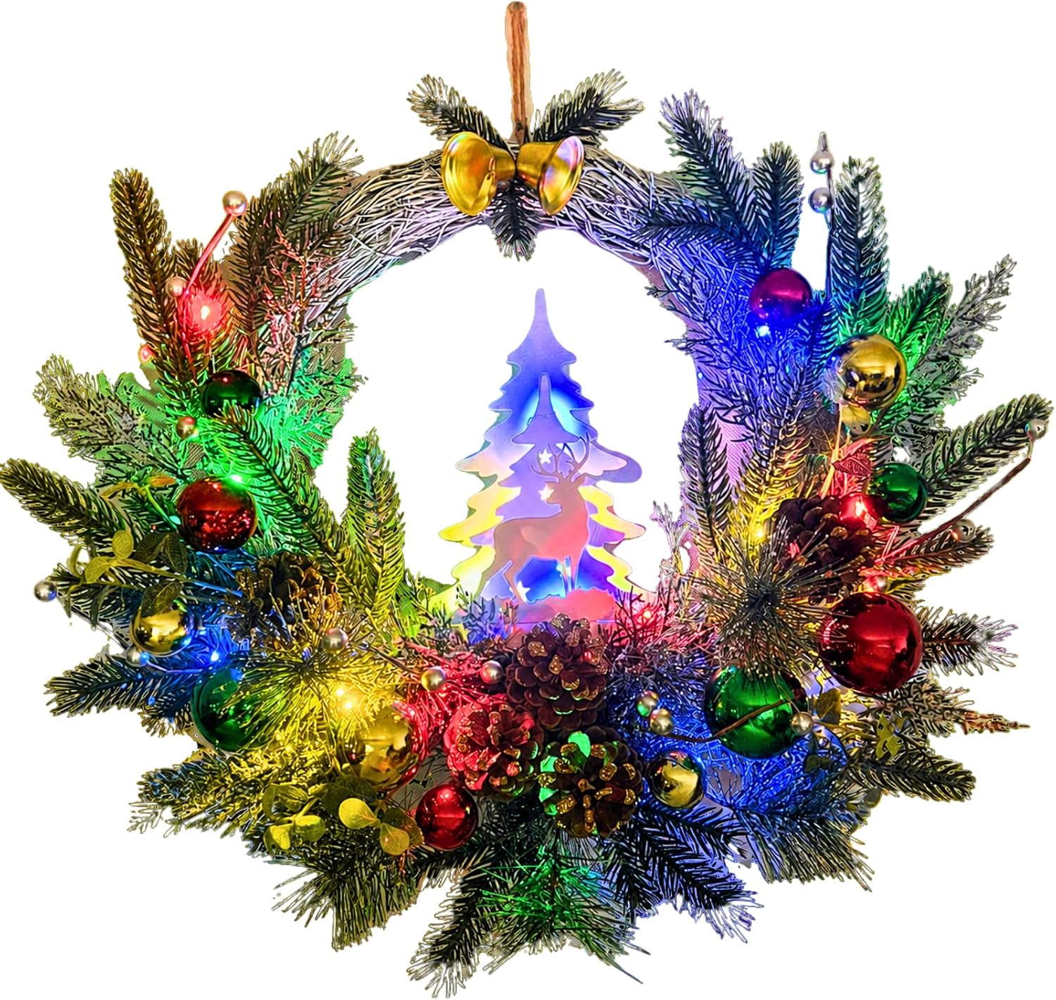 Pre-Lit Flocked Christmas Wreath with Reindeer 20 LEDs and Timer, main product view