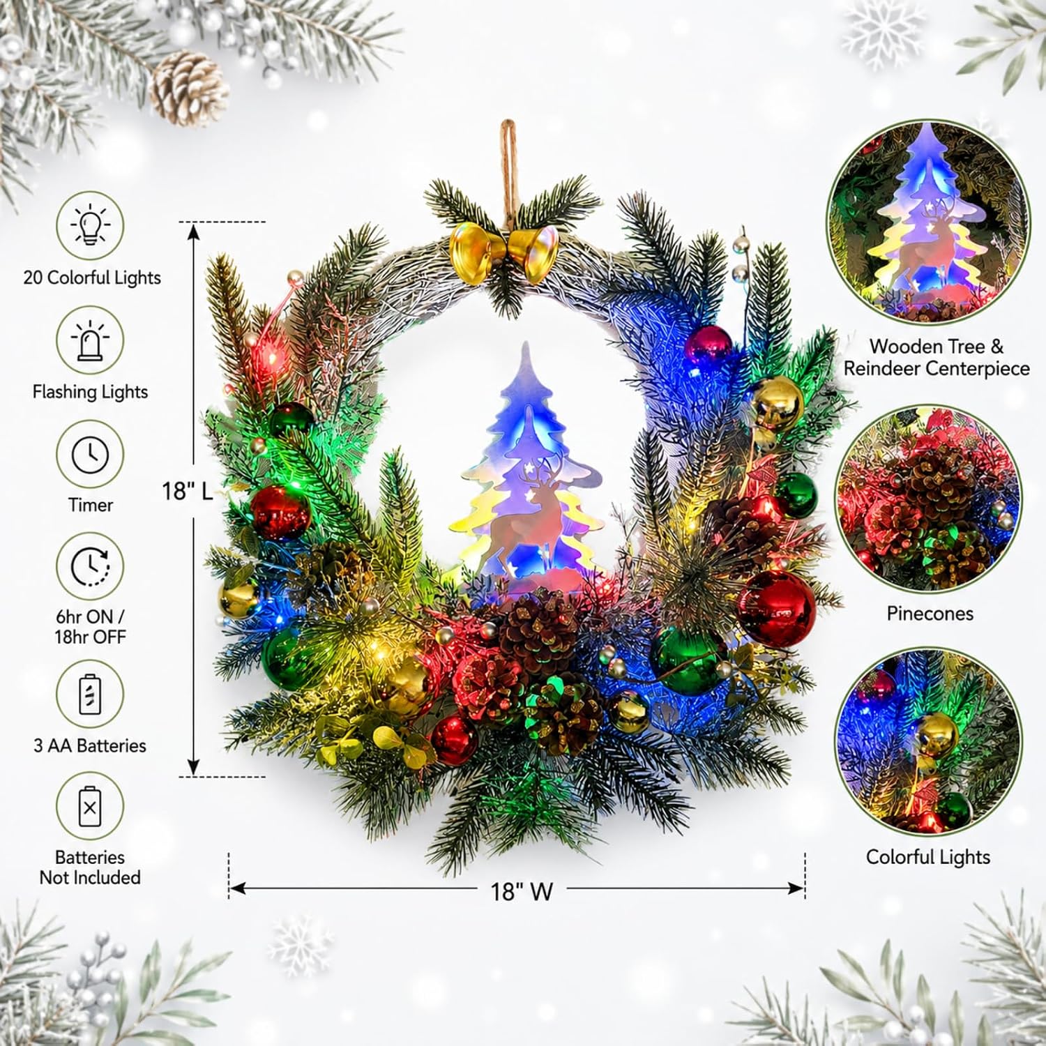Pre-Lit Flocked Christmas Wreath with Reindeer 20 LEDs and Timer, additional listing view 3